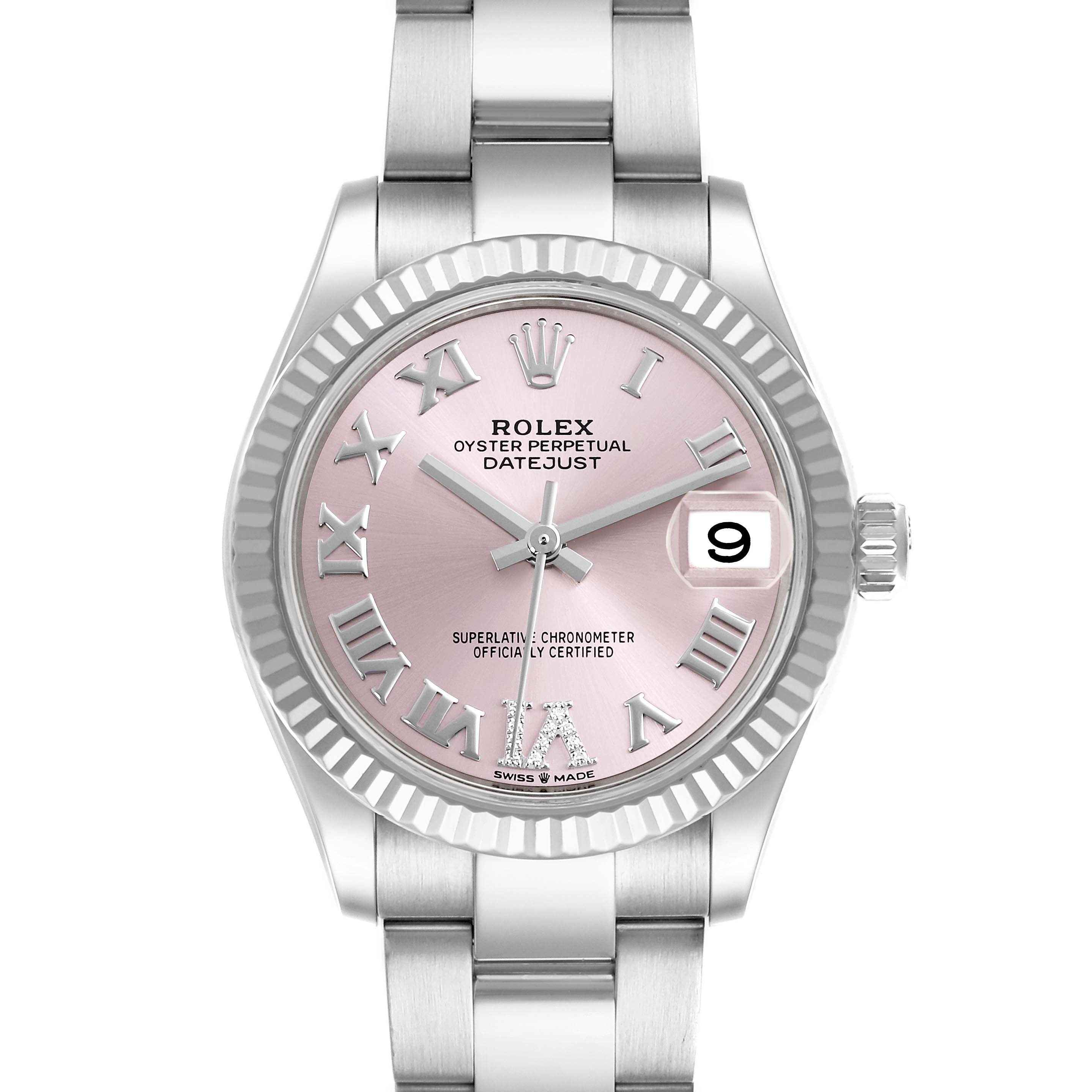 The Rolex Datejust Mid-Size watch is shown from the front, displaying the dial, bezel, and part of the bracelet.