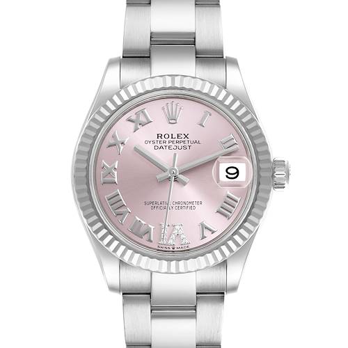 The Rolex Mid-Size watch is shown from the front, displaying the face, bezel, and part of the bracelet.