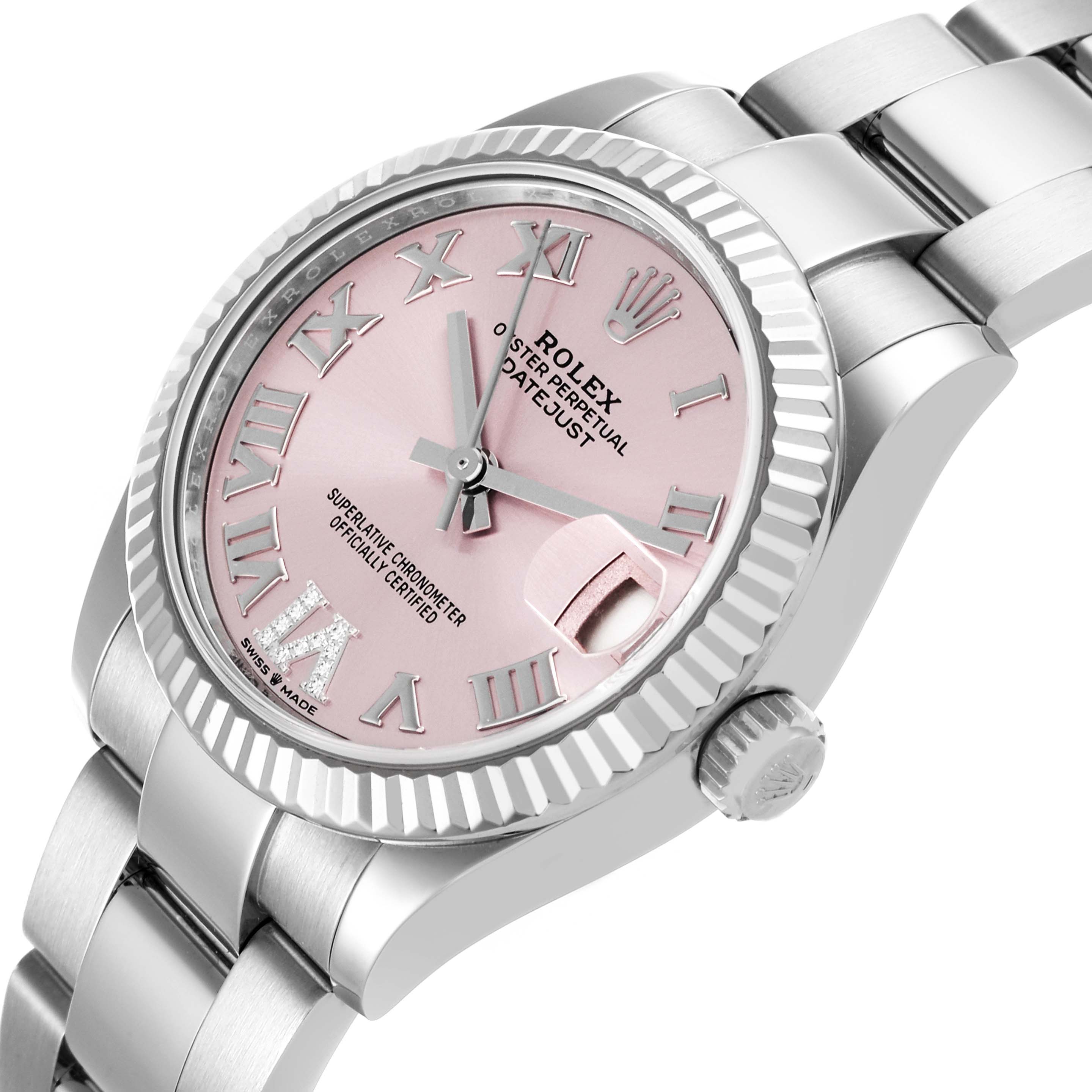 The Rolex Mid-Size 278274 Women's Stainless Steel Pink Dial 278274 Women's Stainless Steel Pink Dial watch is angled showing its pink dial, fluted bezel, and part of the bracelet.