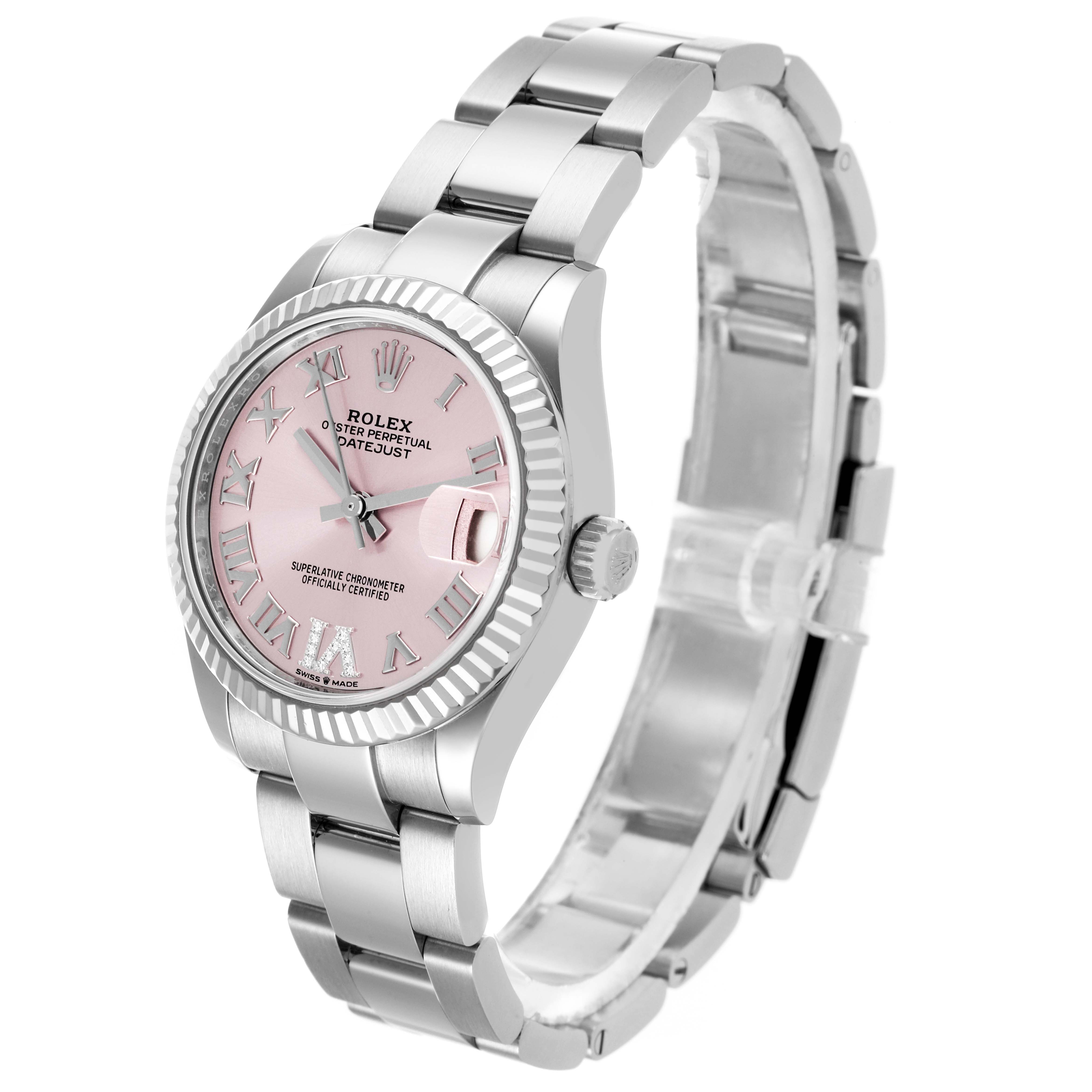 The Rolex Mid-Size 278274 Women's Stainless Steel Pink Dial 278274 Women's Stainless Steel Pink Dial Datejust is shown at a three-quarter angle, highlighting the bracelet, bezel, and pink dial with Roman numerals.