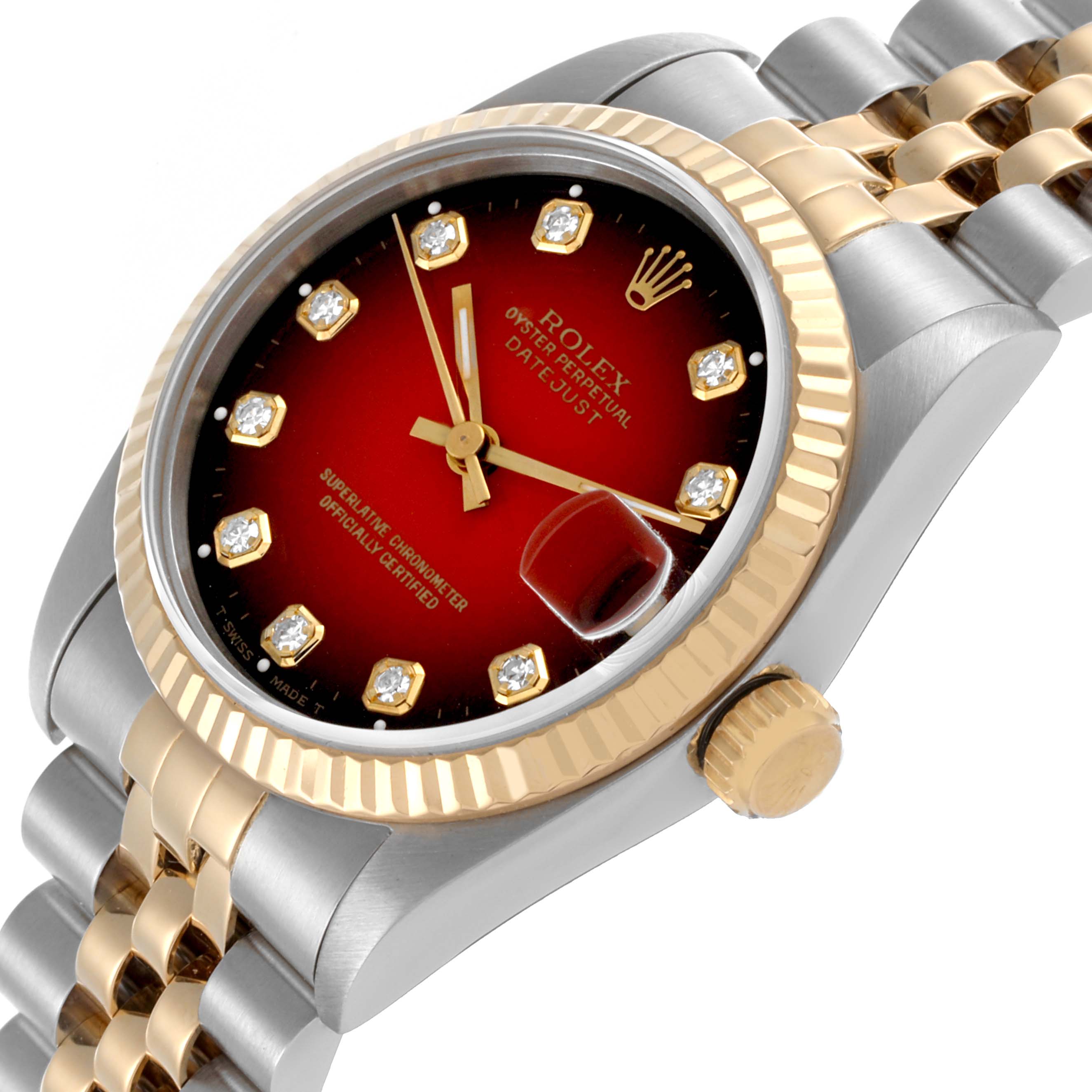 The Rolex Datejust Mid-Size watch is shown at a tilted angle, highlighting the bezel, dial, crown, and bracelet.