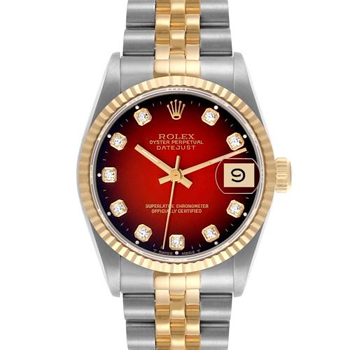 The Rolex Mid-Size watch is shown from a front angle, displaying the face, bezel, and bracelet.