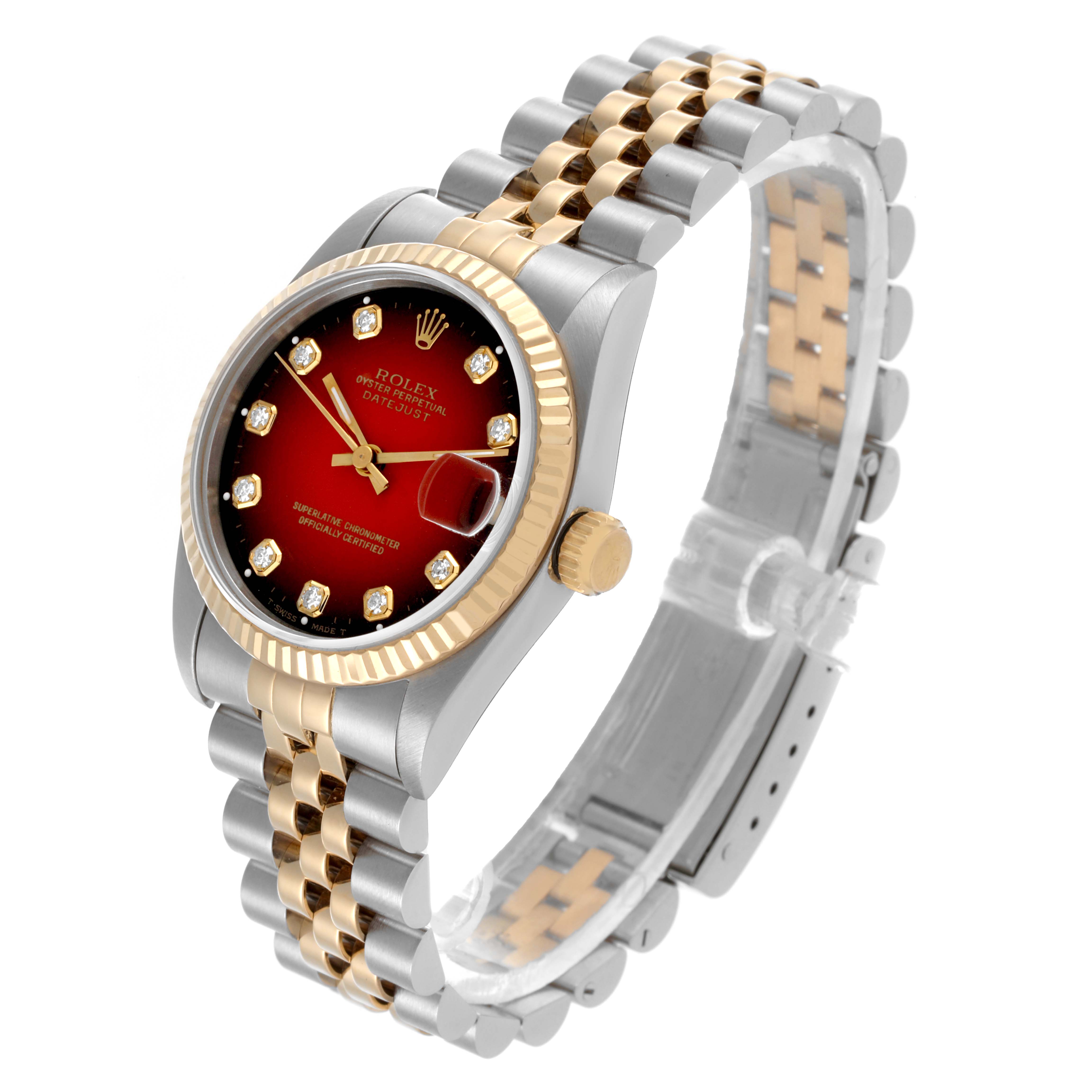 The Rolex Mid-Size 68273 Women's Steel and Gold (two tone) Red Dial 68273 Women's Steel and Gold (two tone) Red Dial watch is shown at an angled view, highlighting the case, dial, bezel, crown, and bracelet.