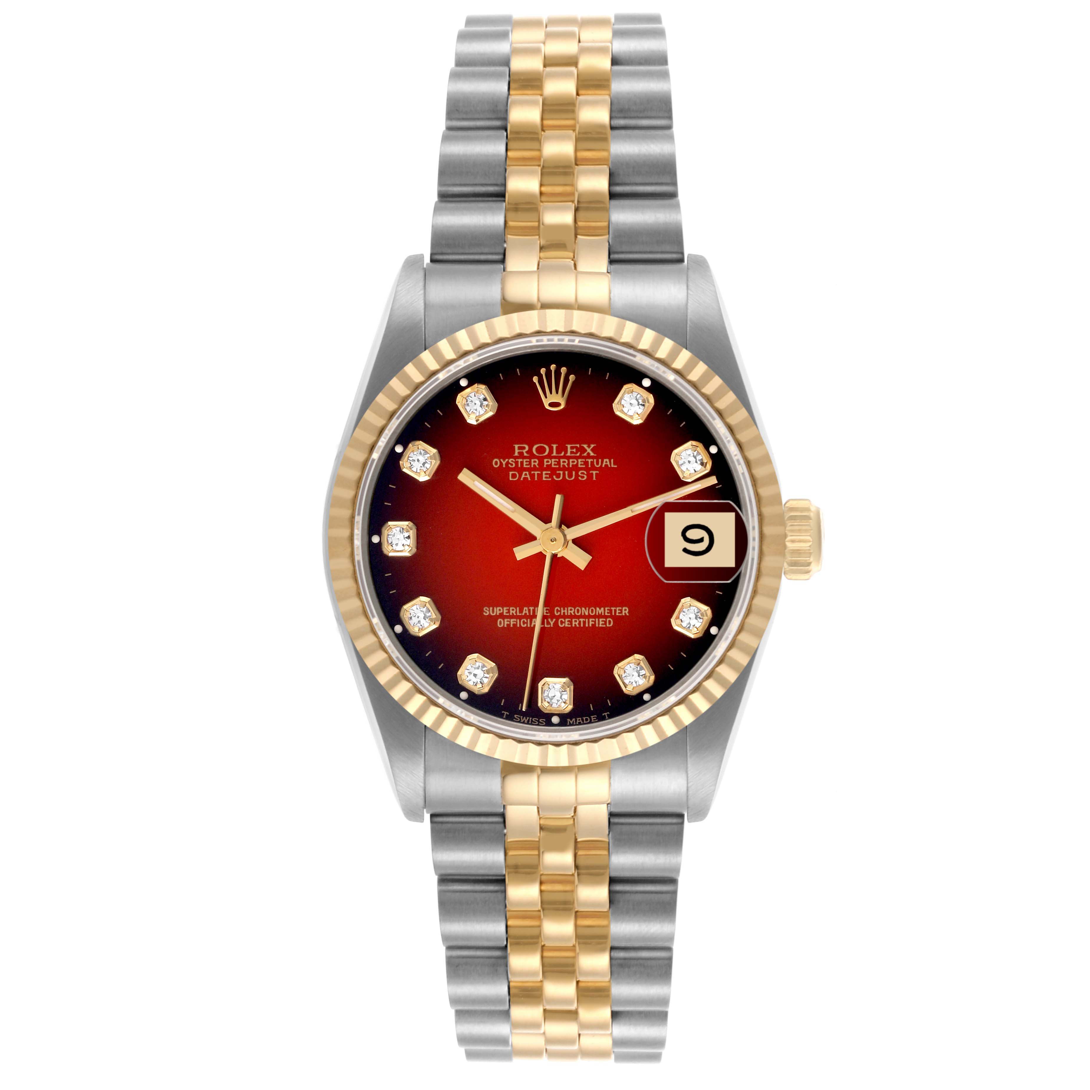 The Rolex Mid-Size 68273 Women's Steel and Gold (two tone) Red Dial 68273 Women's Steel and Gold (two tone) Red Dial watch is shown from the front, highlighting its dial, case, bezel, and two-tone bracelet.