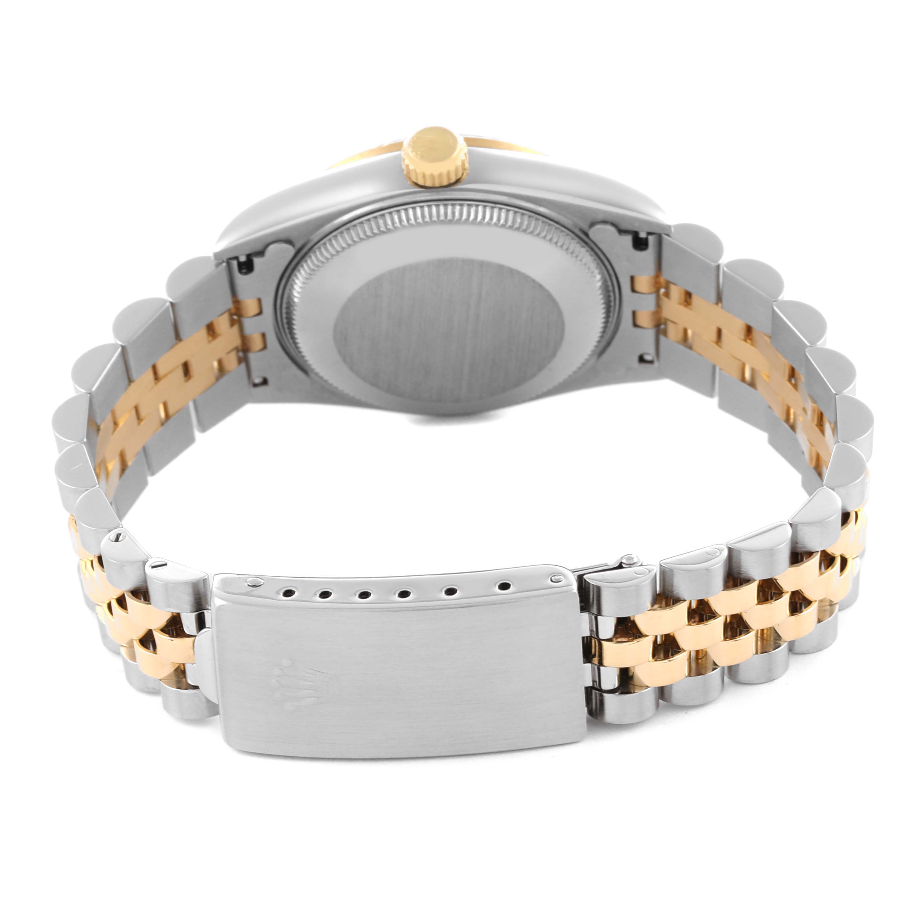 The image shows the back view of a Rolex Mid-Size 68273 Women's Steel and Gold (two tone) Red Dial 68273 Women's Steel and Gold (two tone) Red Dial model, highlighting the case back and two-tone bracelet with the clasp.