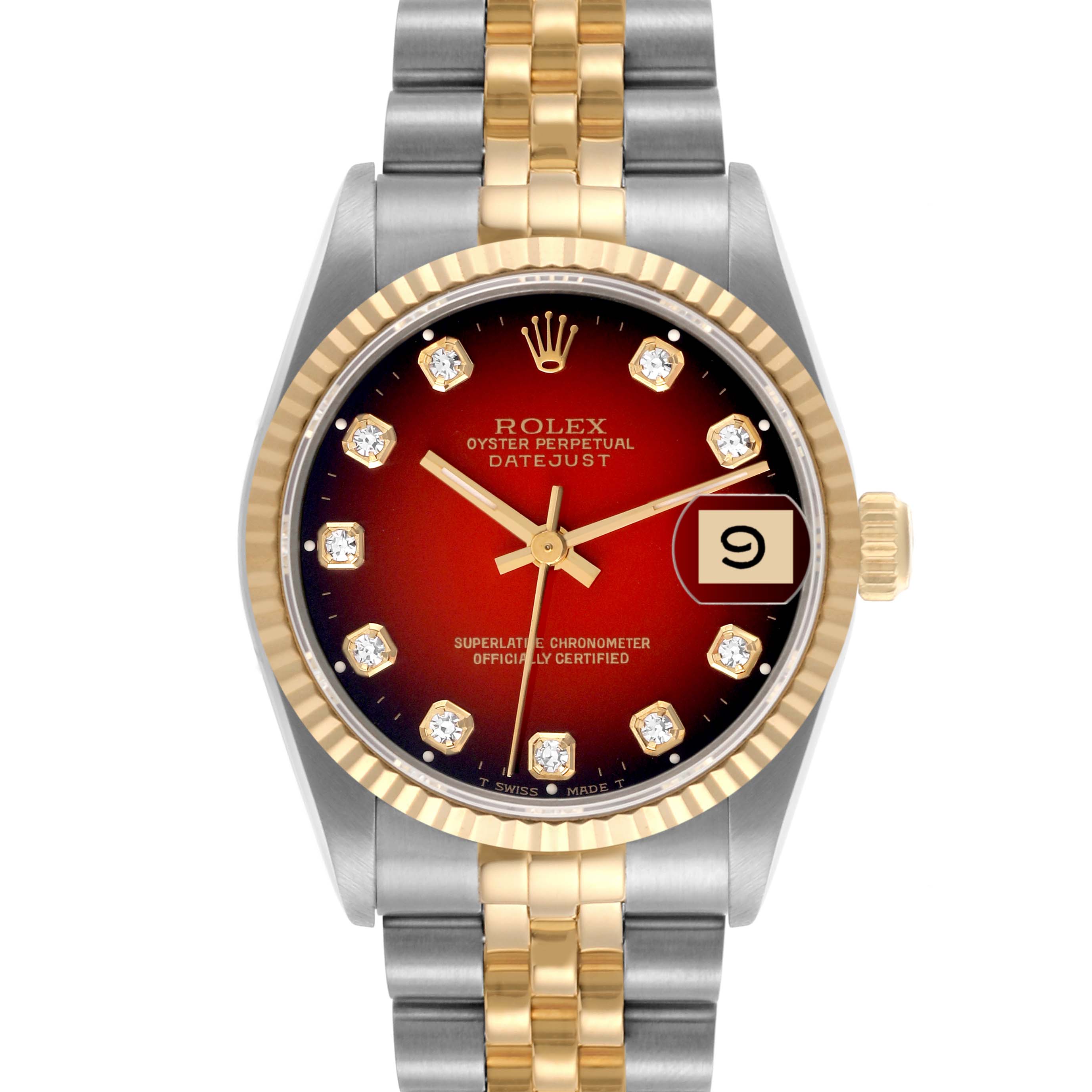 The Rolex Mid-Size 68273 Women's Steel and Gold (two tone) Red Dial 68273 Women's Steel and Gold (two tone) Red Dial watch is shown from the front, highlighting the dial, date feature, and two-tone bracelet.