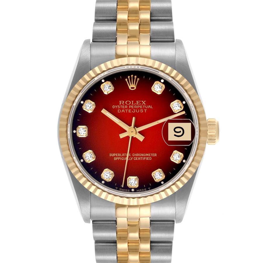 The Rolex Mid-Size watch is shown from the front, highlighting the dial, date feature, and two-tone bracelet.