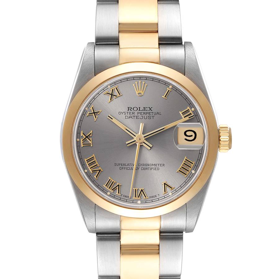 The Rolex Mid-Size watch is shown from the front, displaying the dial, bezel, crown, and part of the bracelet.