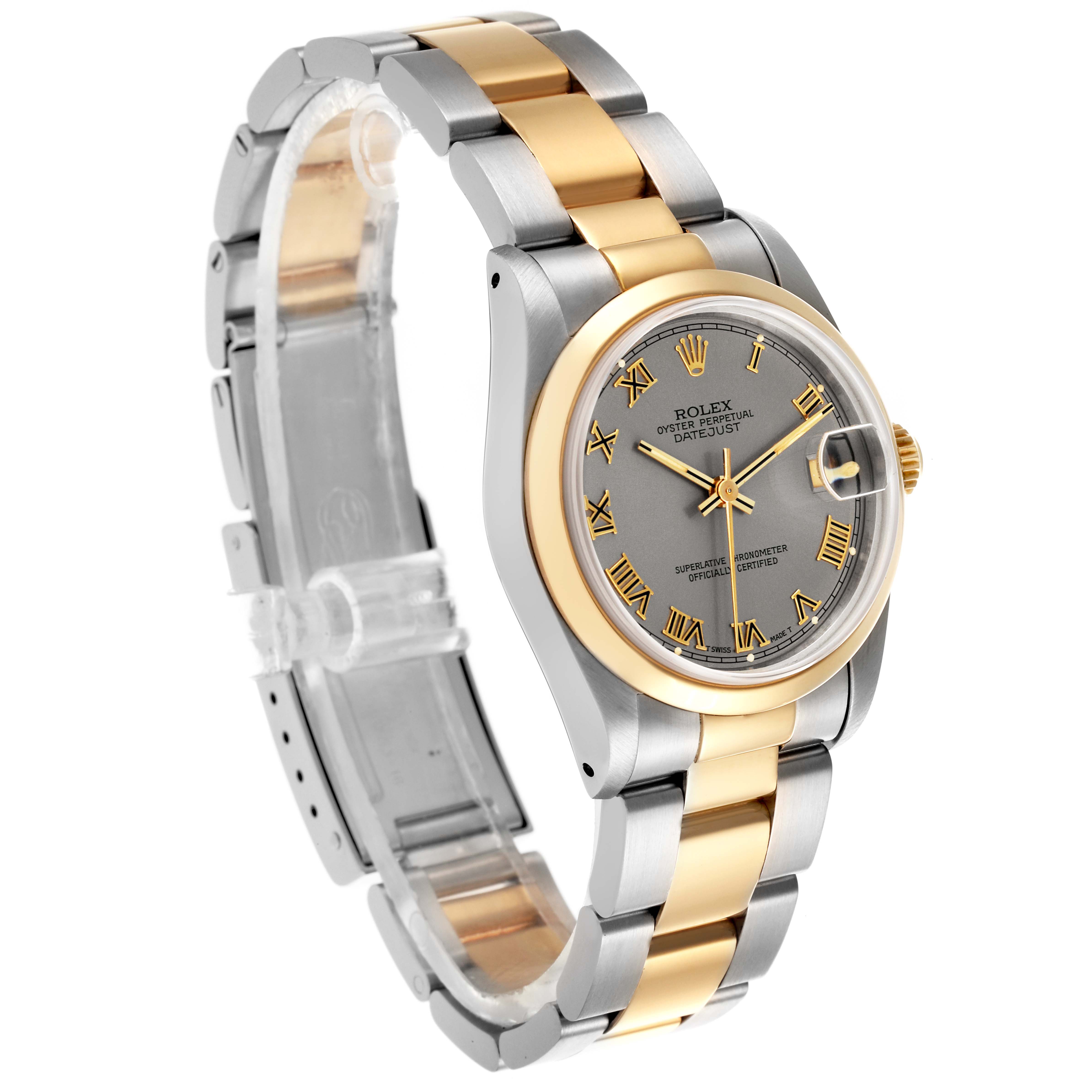 The Rolex Mid-Size 68243 Women's Steel and Gold (two tone) Grey Dial 68243 Women's Steel and Gold (two tone) Grey Dial watch is shown at an angled view, displaying the face, bezel, and part of the bracelet.