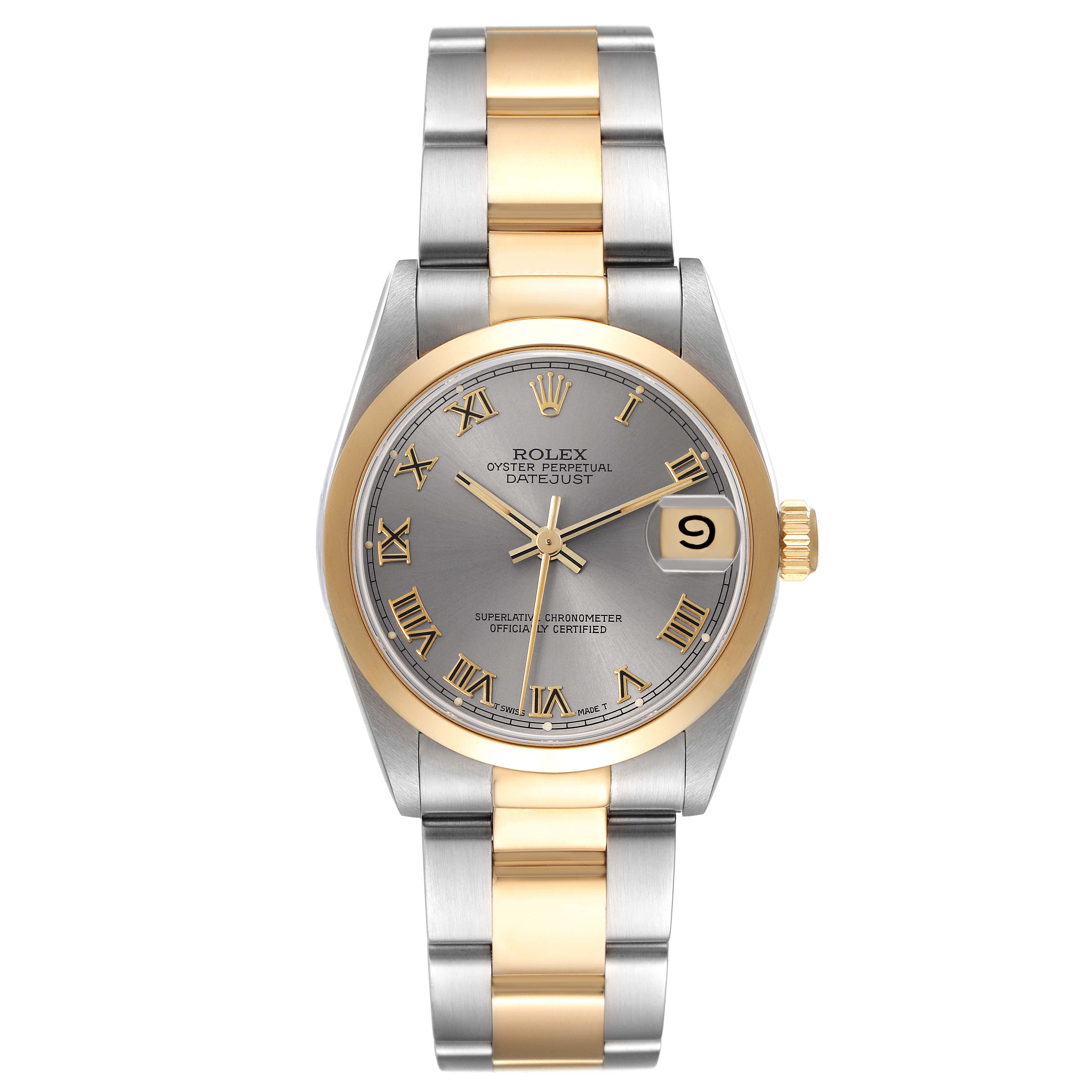 The Rolex Mid-Size 68243 Women's Steel and Gold (two tone) Grey Dial 68243 Women's Steel and Gold (two tone) Grey Dial watch is shown from a top-down angle, displaying the face, bezel, and bracelet.