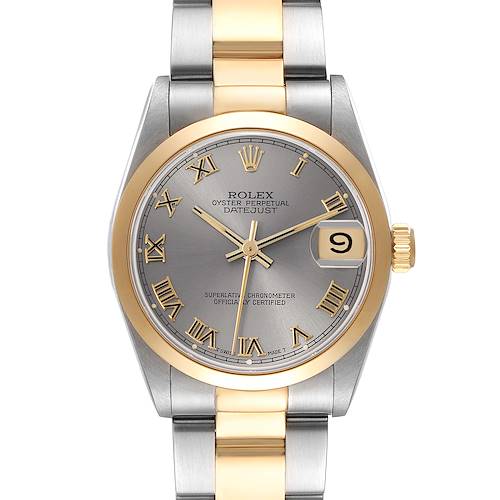 The Rolex Mid-Size Datejust is shown from a front view, highlighting the dial, bezel, and two-tone bracelet.