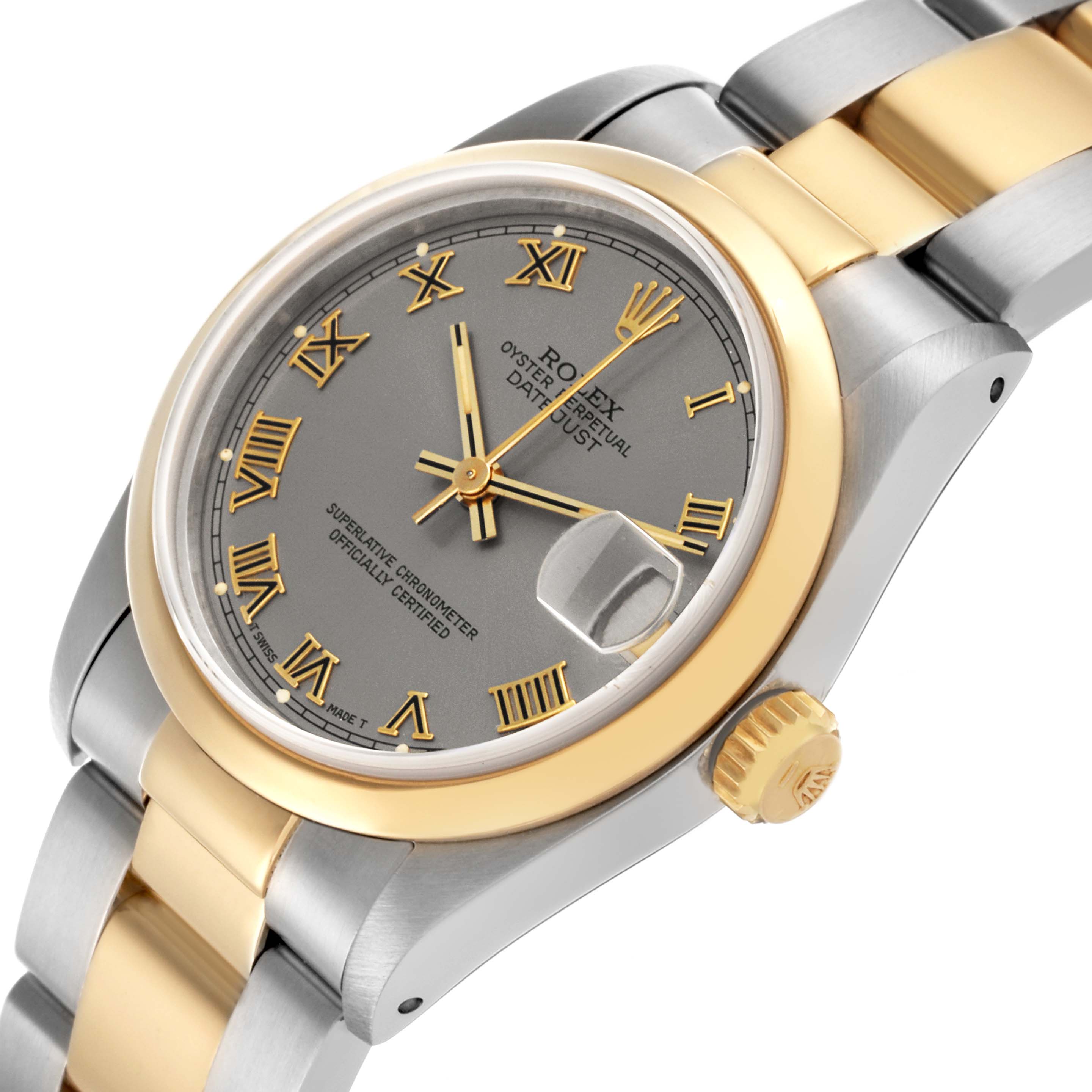 The Rolex Mid-Size 68243 Women's Steel and Gold (two tone) Grey Dial 68243 Women's Steel and Gold (two tone) Grey Dial watch is shown at an angle highlighting the dial, bezel, crown, and part of the bracelet.