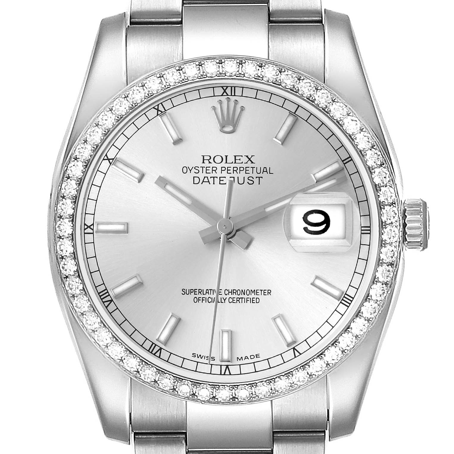 This image shows a front view of the Rolex Datejust 116244 Men
s Stainless Steel Silver Dial 116244 Men
s Stainless Steel Silver Dial, displaying the face, dial, bezel, crown, and bracelet.