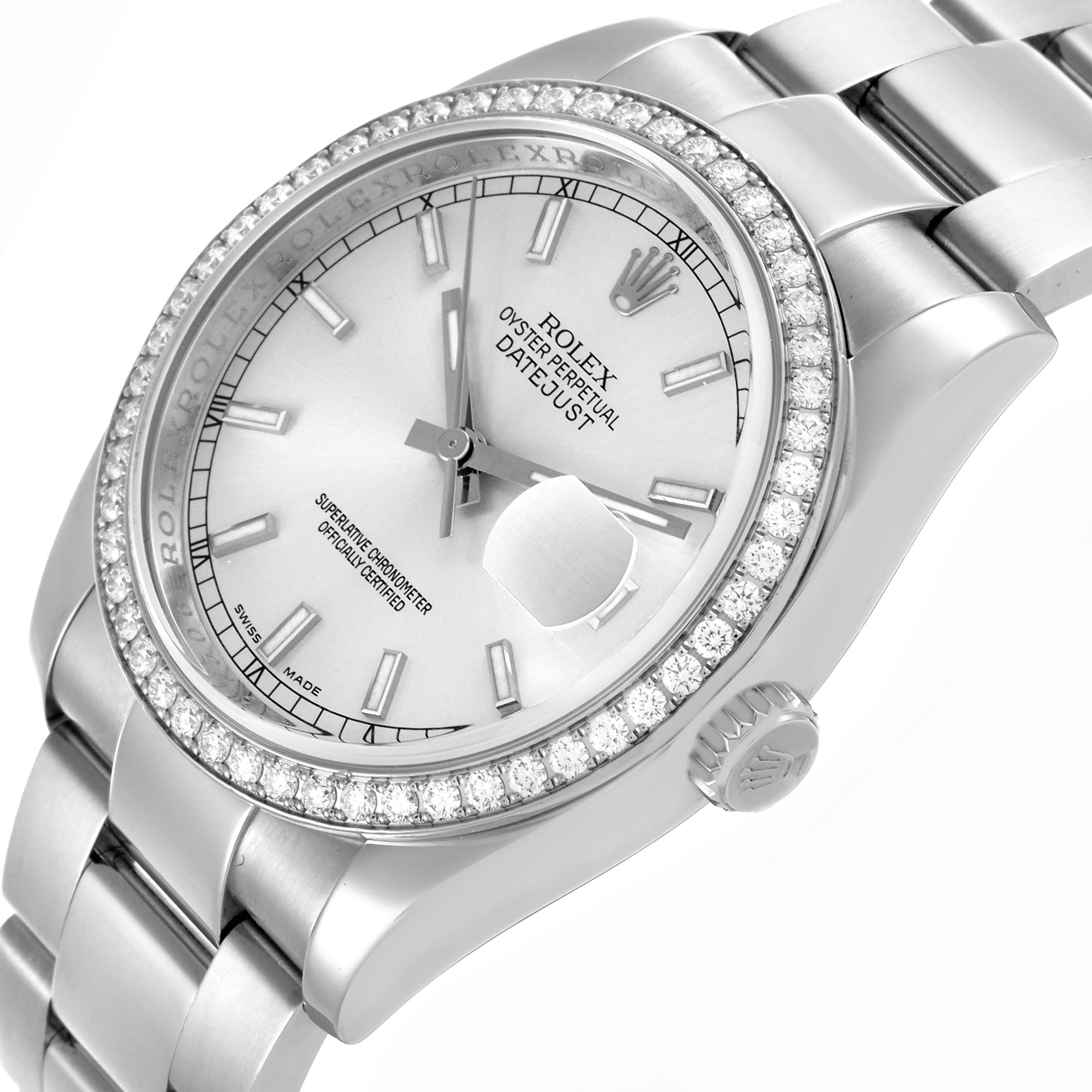 The Rolex Datejust 116244 Men
s Stainless Steel Silver Dial 116244 Men
s Stainless Steel Silver Dial watch is shown at an angled view, displaying the face, crown, bezel, and part of the bracelet.