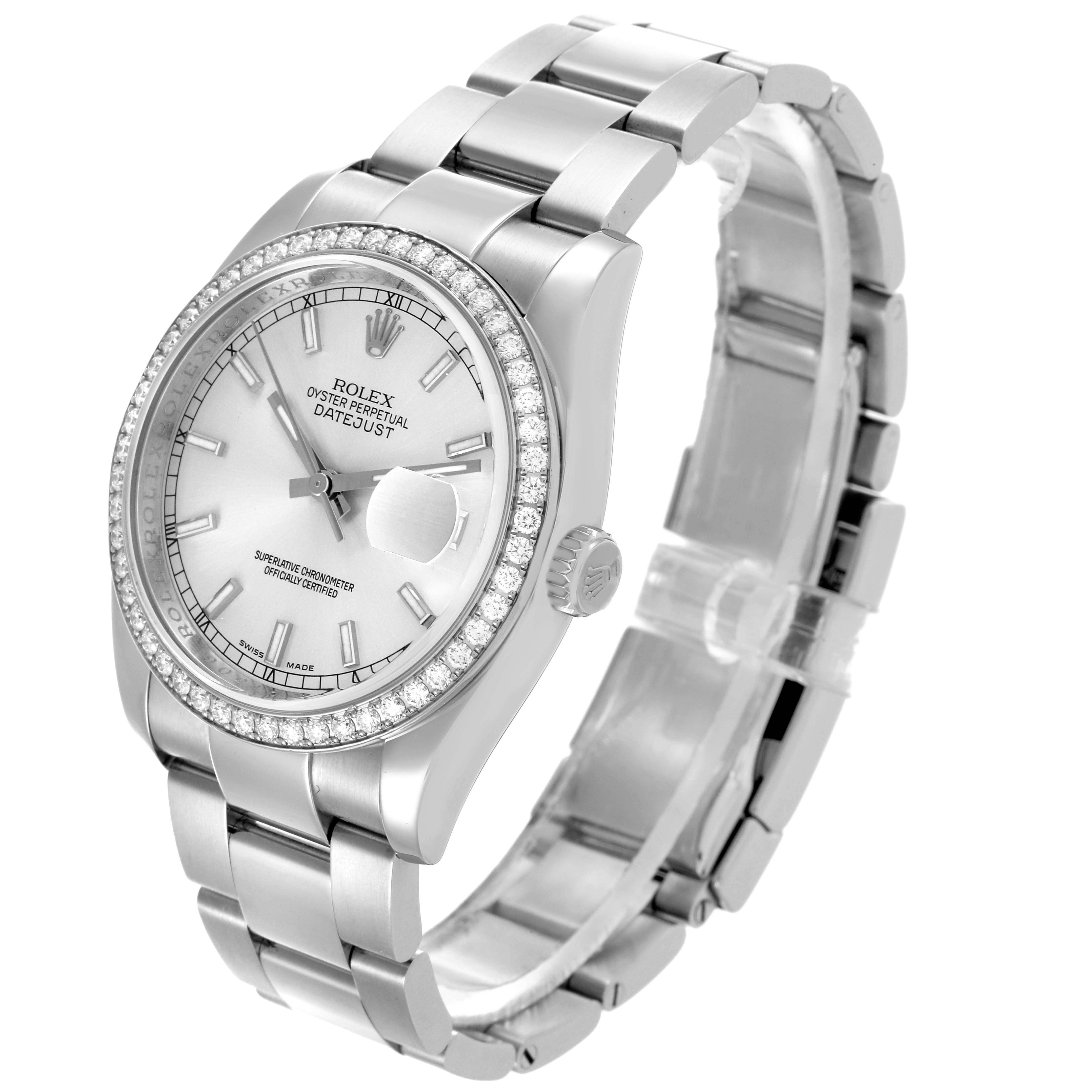 The Rolex Datejust 116244 Men
s Stainless Steel Silver Dial 116244 Men
s Stainless Steel Silver Dial watch is shown from an angled side view, highlighting the face, bezel, crown, and bracelet.