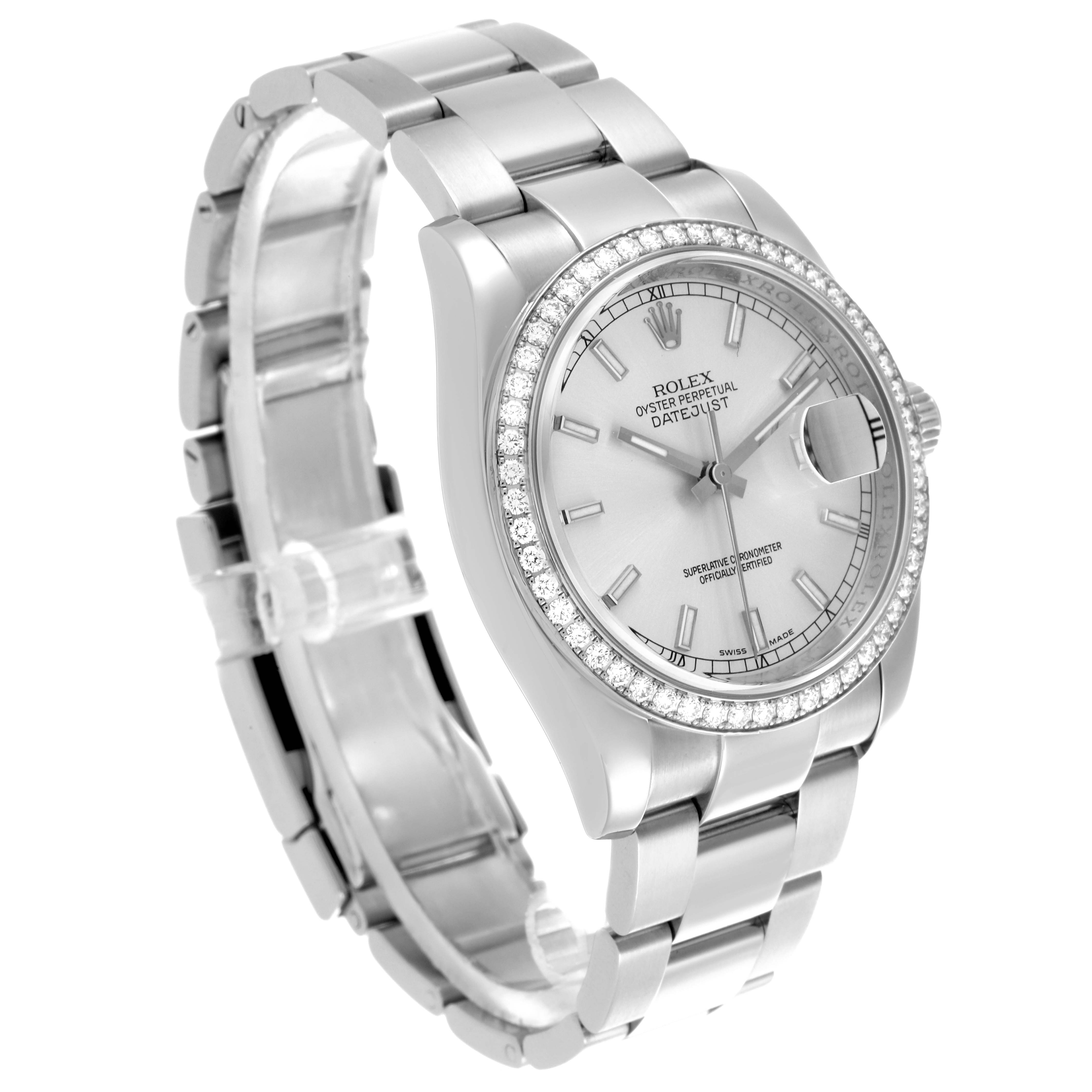 The Rolex Datejust 116244 Men
s Stainless Steel Silver Dial 116244 Men
s Stainless Steel Silver Dial watch is shown at a three-quarter angle, highlighting the dial, bezel, and bracelet.