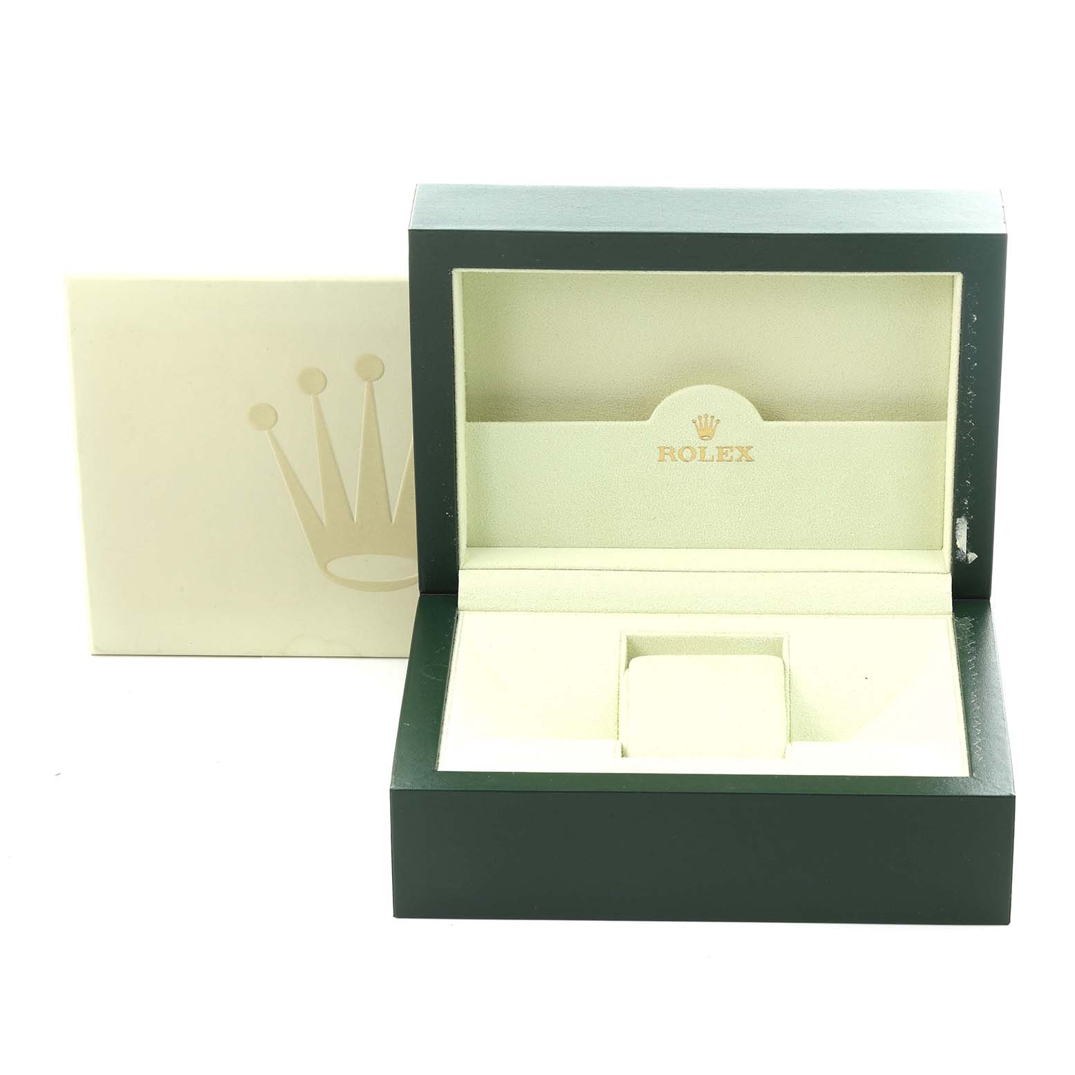 The image shows an open green and cream Rolex Datejust 116244 Men
s Stainless Steel Silver Dial 116244 Men
s Stainless Steel Silver Dial watch box with the brand logo visible inside.