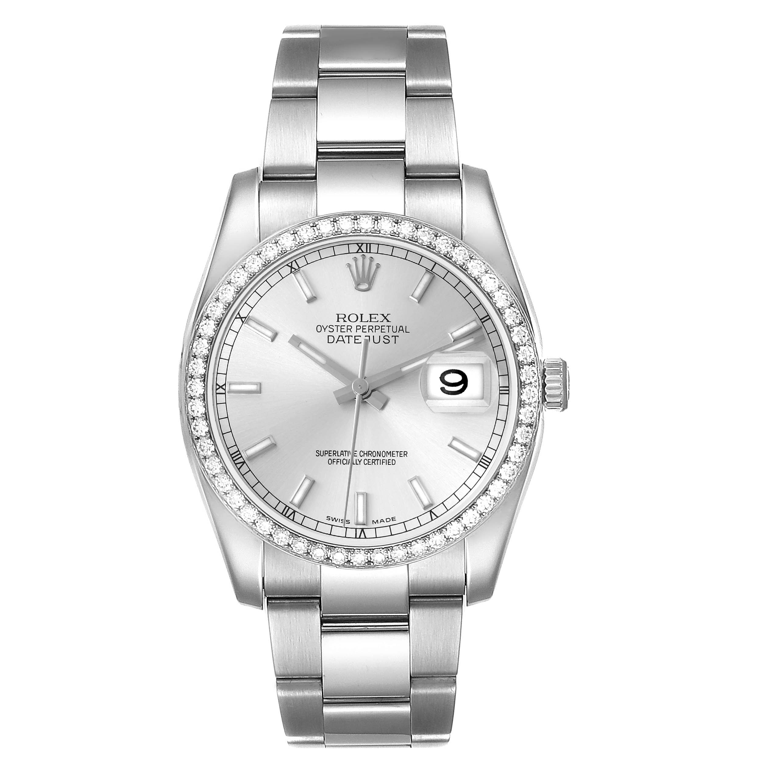 The Rolex Datejust 116244 Men
s Stainless Steel Silver Dial 116244 Men
s Stainless Steel Silver Dial watch is shown from a front angle, displaying the dial, bezel, and part of the bracelet.