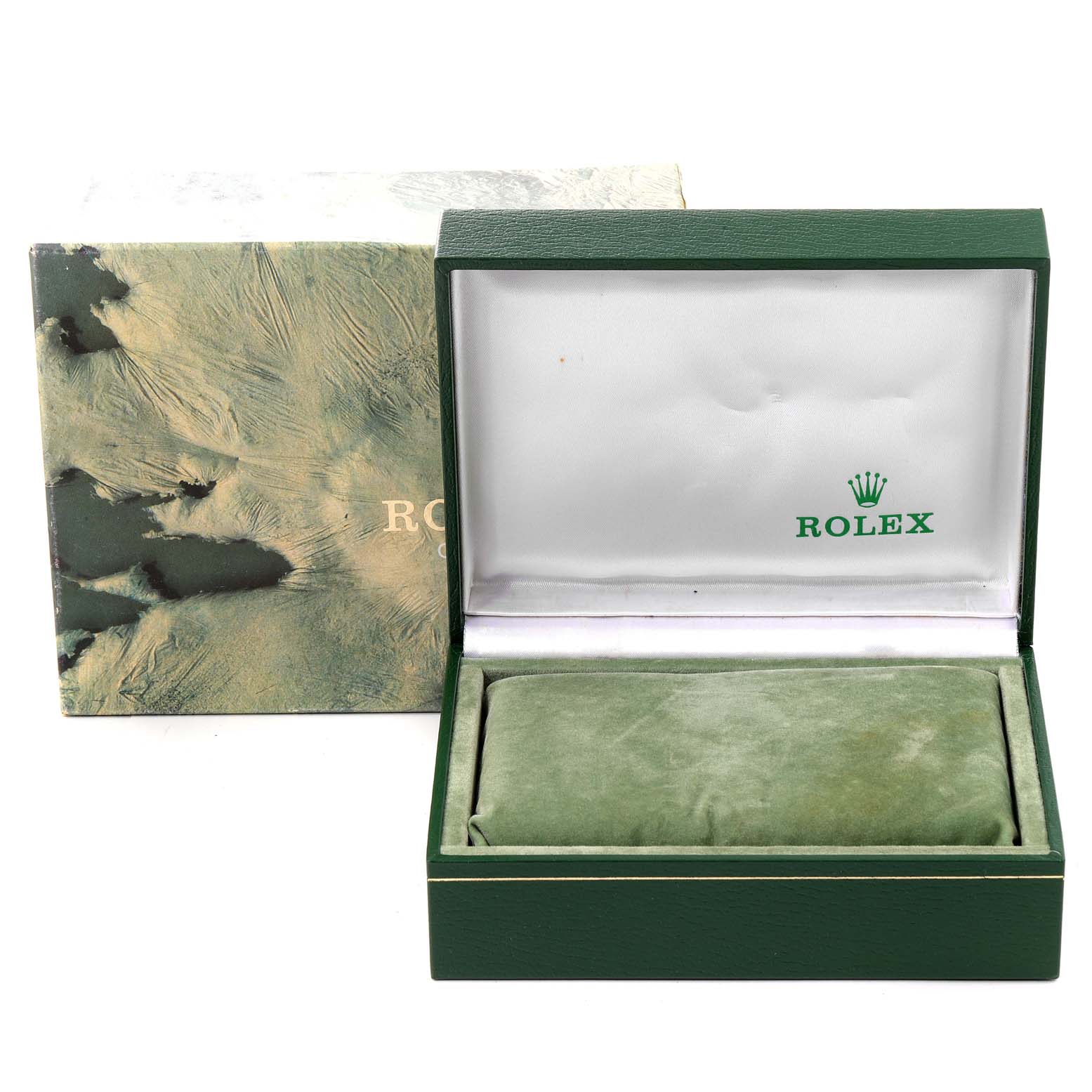The image shows a green Rolex Vintage Collection 16030 Men's Stainless Steel Silver Dial 16030 Men's Stainless Steel Silver Dial watch box open, revealing a cushioned interior designed to hold a watch.