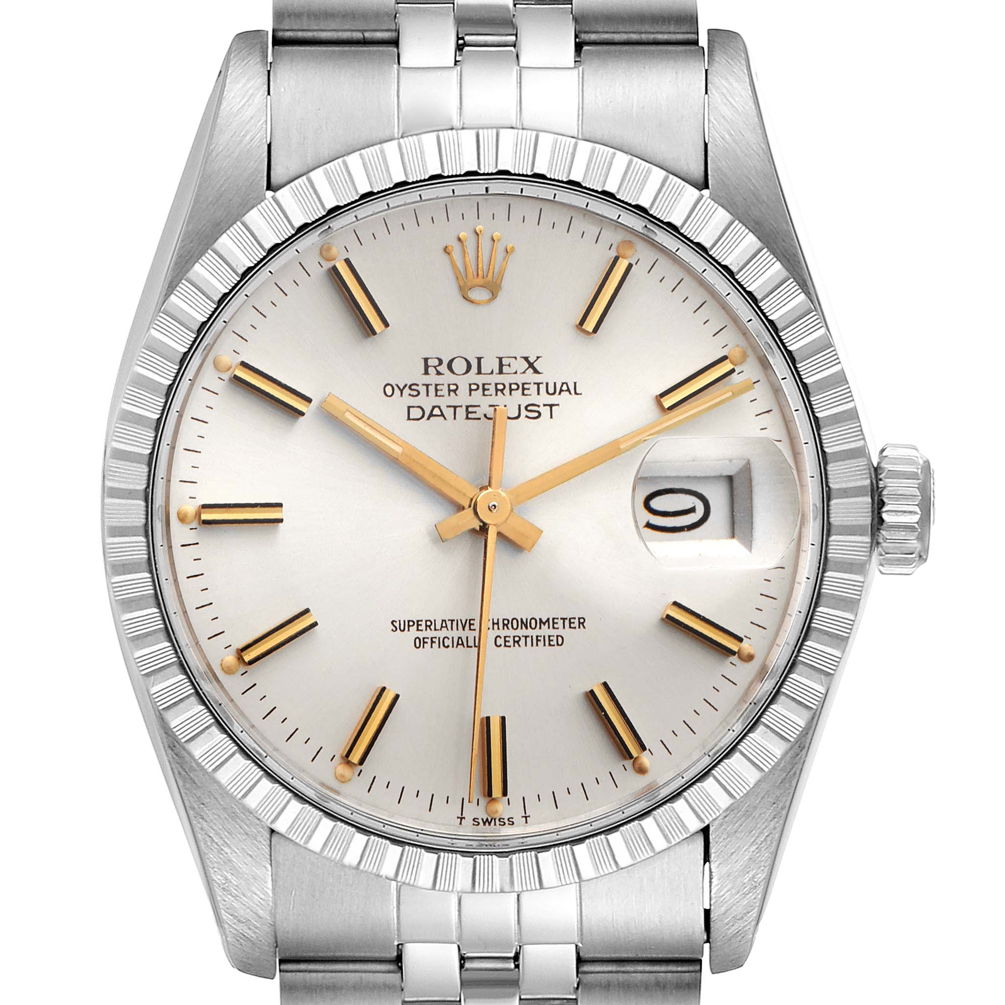 This image shows a Rolex Vintage Collection 16030 Men's Stainless Steel Silver Dial 16030 Men's Stainless Steel Silver Dial Oyster Perpetual Datejust watch from a front angle, highlighting its dial, bezel, and bracelet.