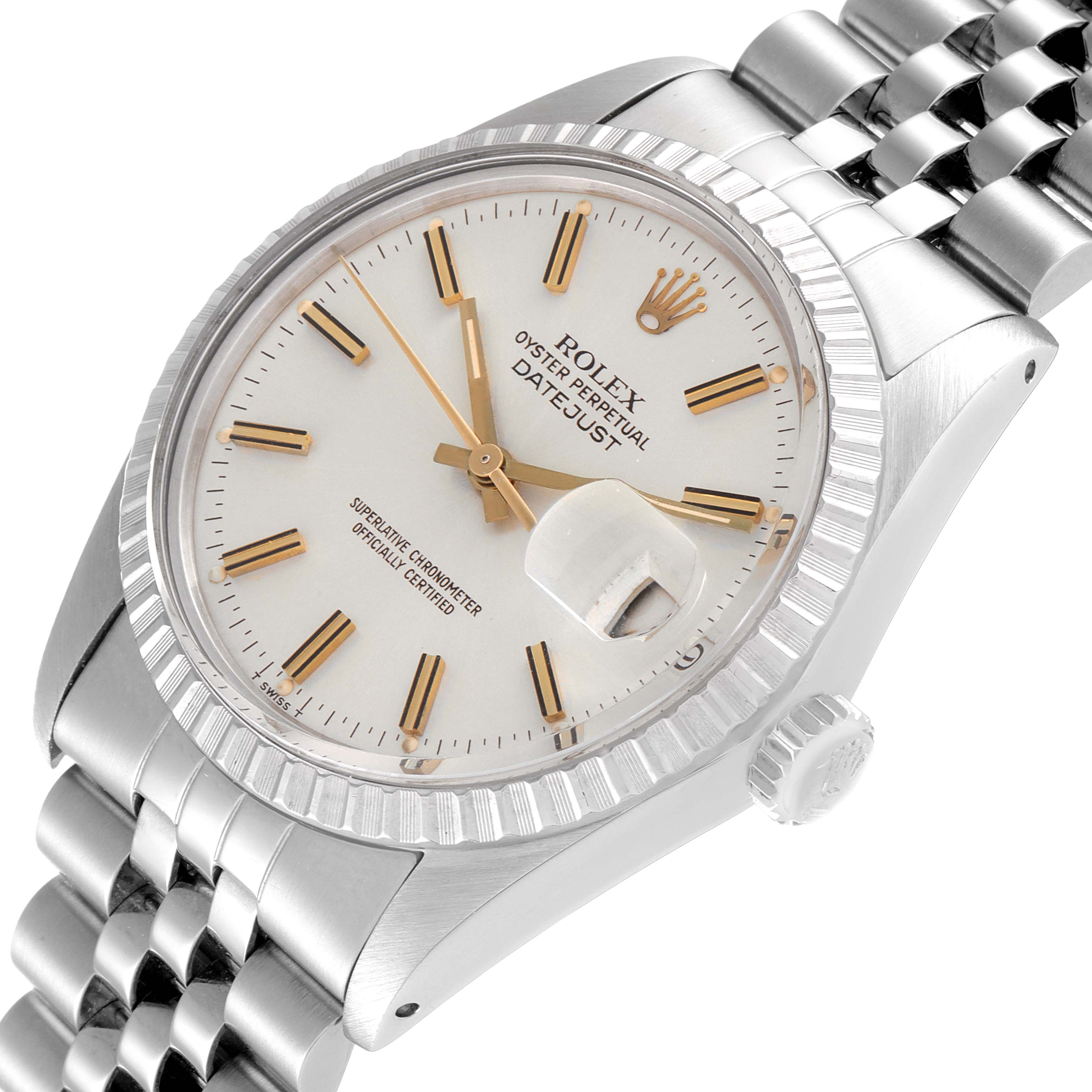 This image shows the face, crown, and part of the bracelet of the Rolex Vintage Collection 16030 Men's Stainless Steel Silver Dial 16030 Men's Stainless Steel Silver Dial Datejust model watch at an angle.