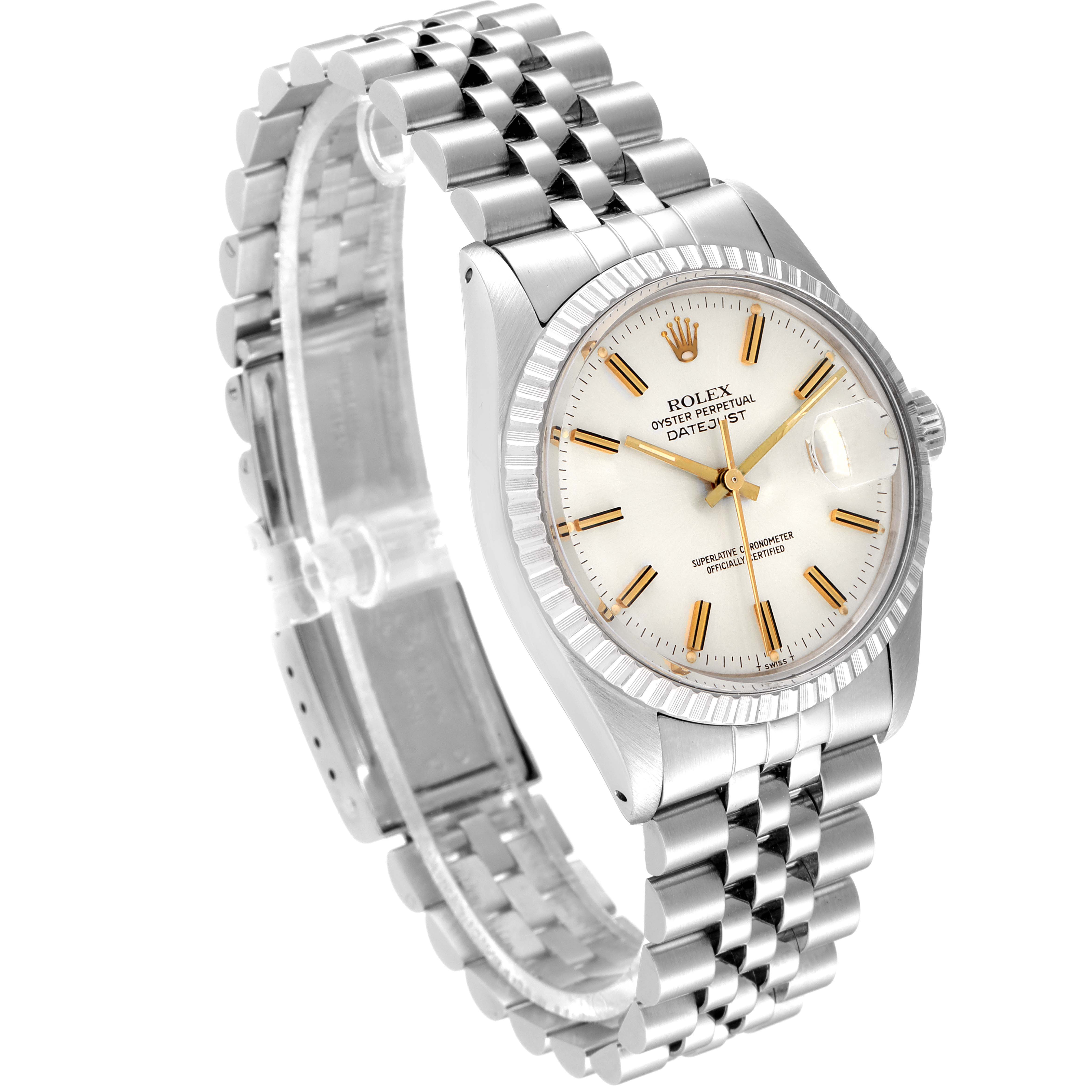 The vintage Rolex Collection model watch is shown from an angled perspective, highlighting its face, bezel, and band.