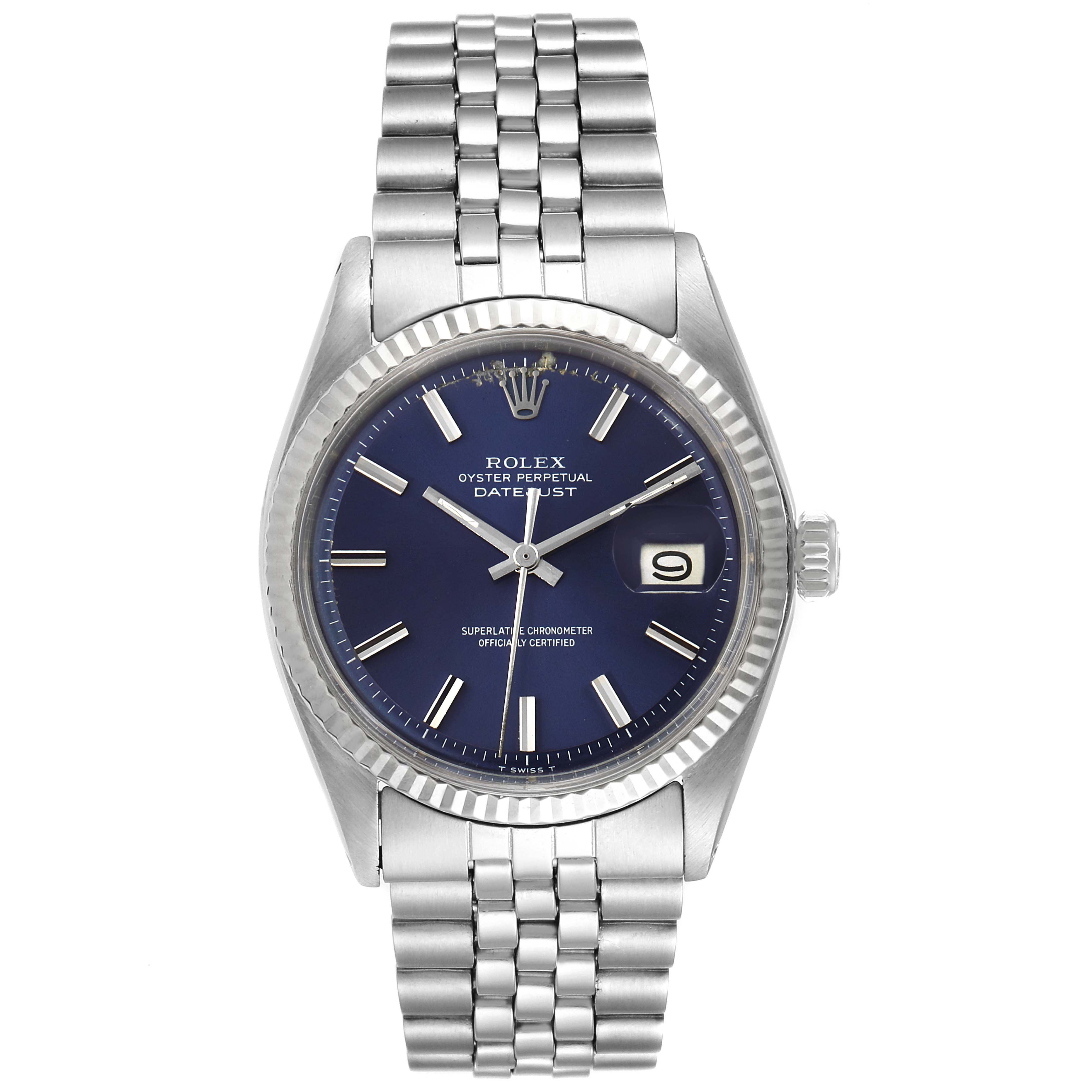 This image shows a frontal view of the Rolex Datejust Vintage Collection watch, including the dial, bezel, and bracelet.