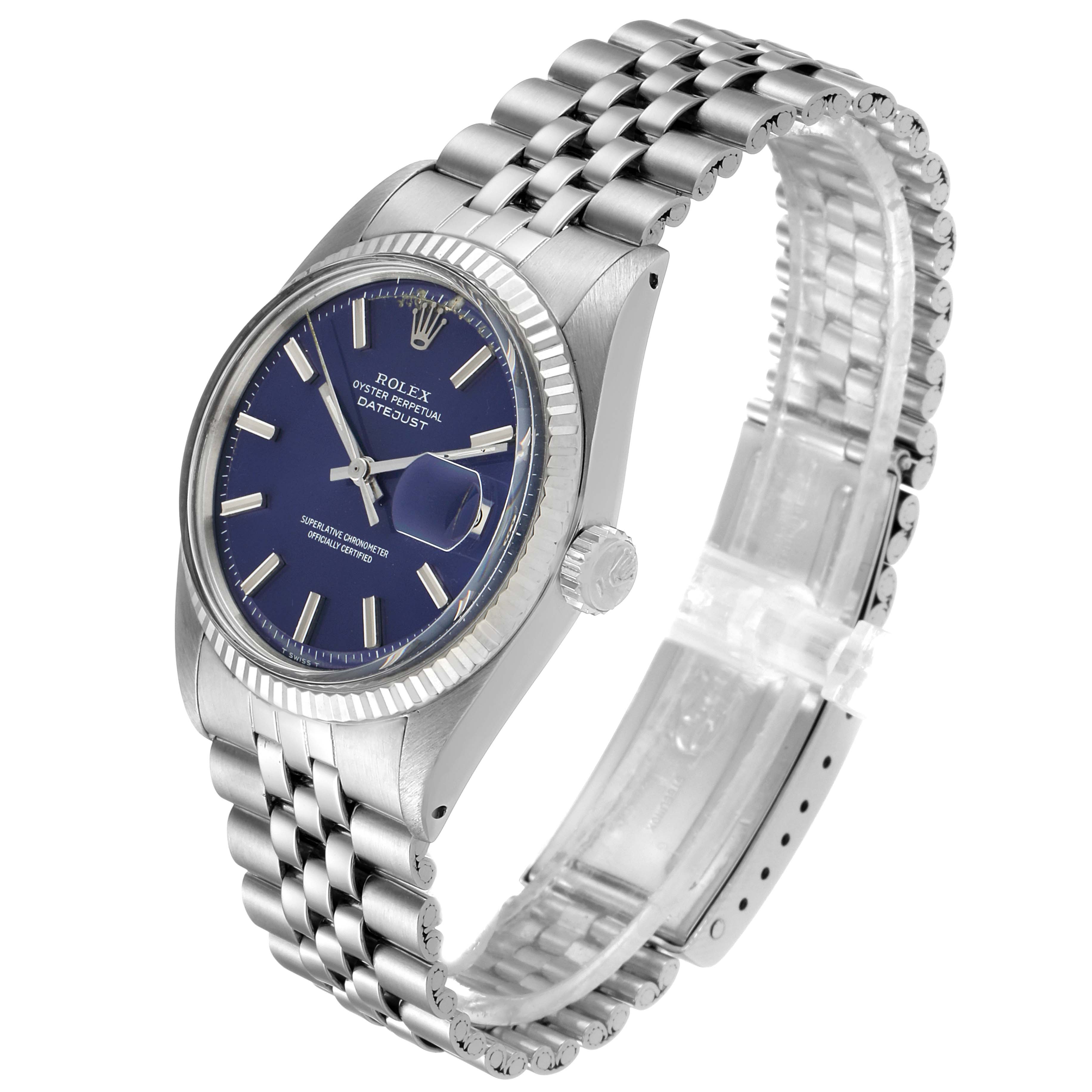 This image shows a Rolex Vintage Collection 1601 Men's Stainless Steel Blue Dial 1601 Men's Stainless Steel Blue Dial Datejust model from a three-quarter angle, highlighting the blue dial and jubilee bracelet.