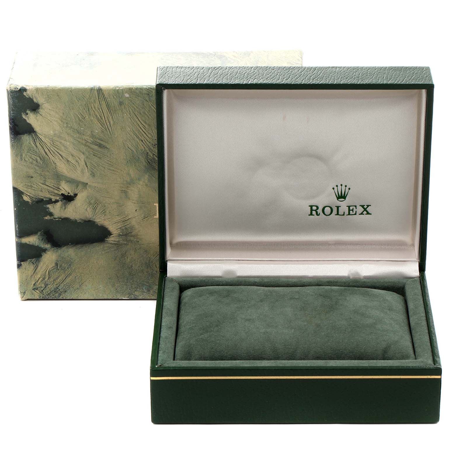 The image shows a Rolex Vintage Collection 1601 Men's Stainless Steel Blue Dial 1601 Men's Stainless Steel Blue Dial watch box and pillow from a front angle, with the box open.