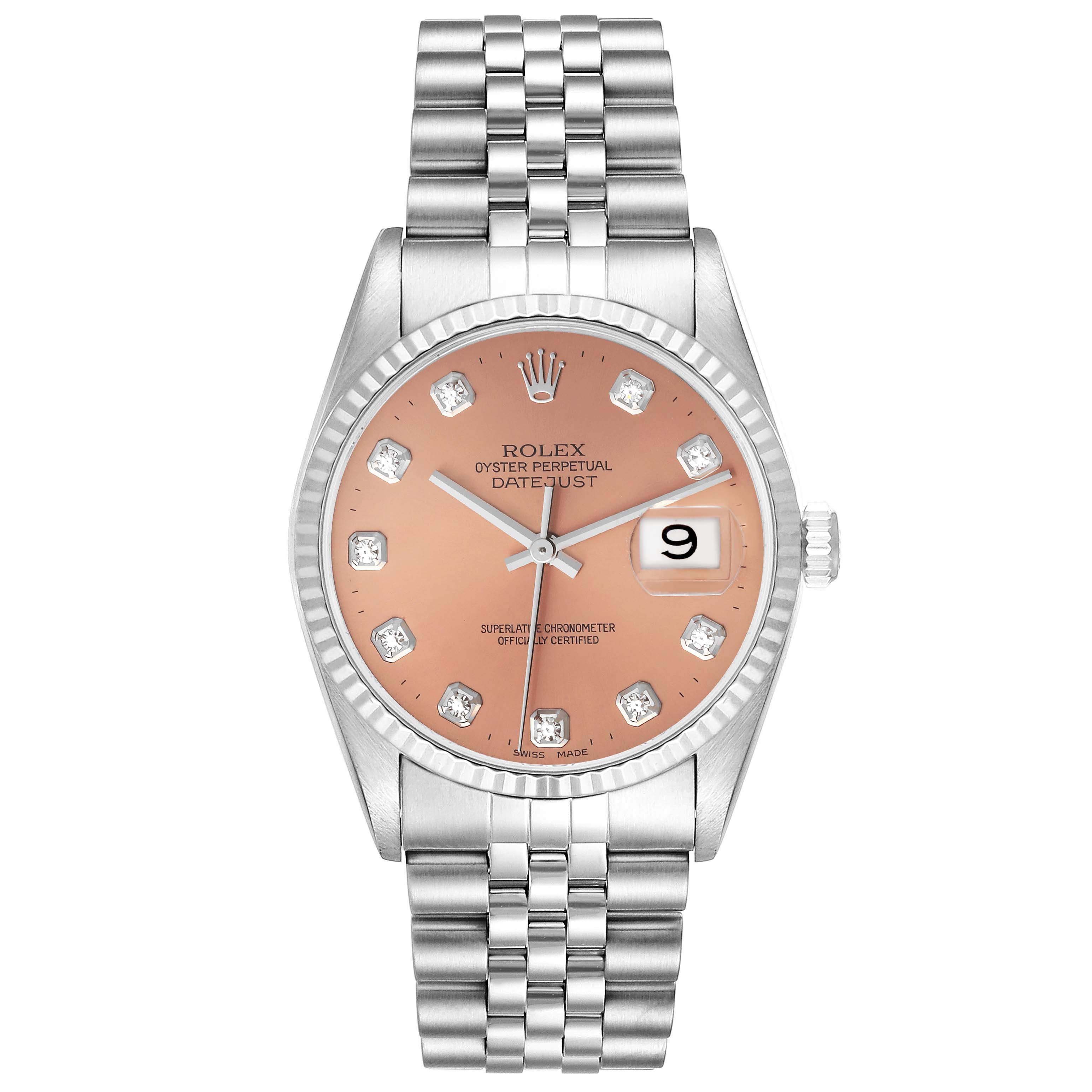 The image shows a front view of a Rolex Datejust 16234 Men's Stainless Steel Pink Dial 16234 Men's Stainless Steel Pink Dial watch, displaying the dial, bezel, and bracelet.