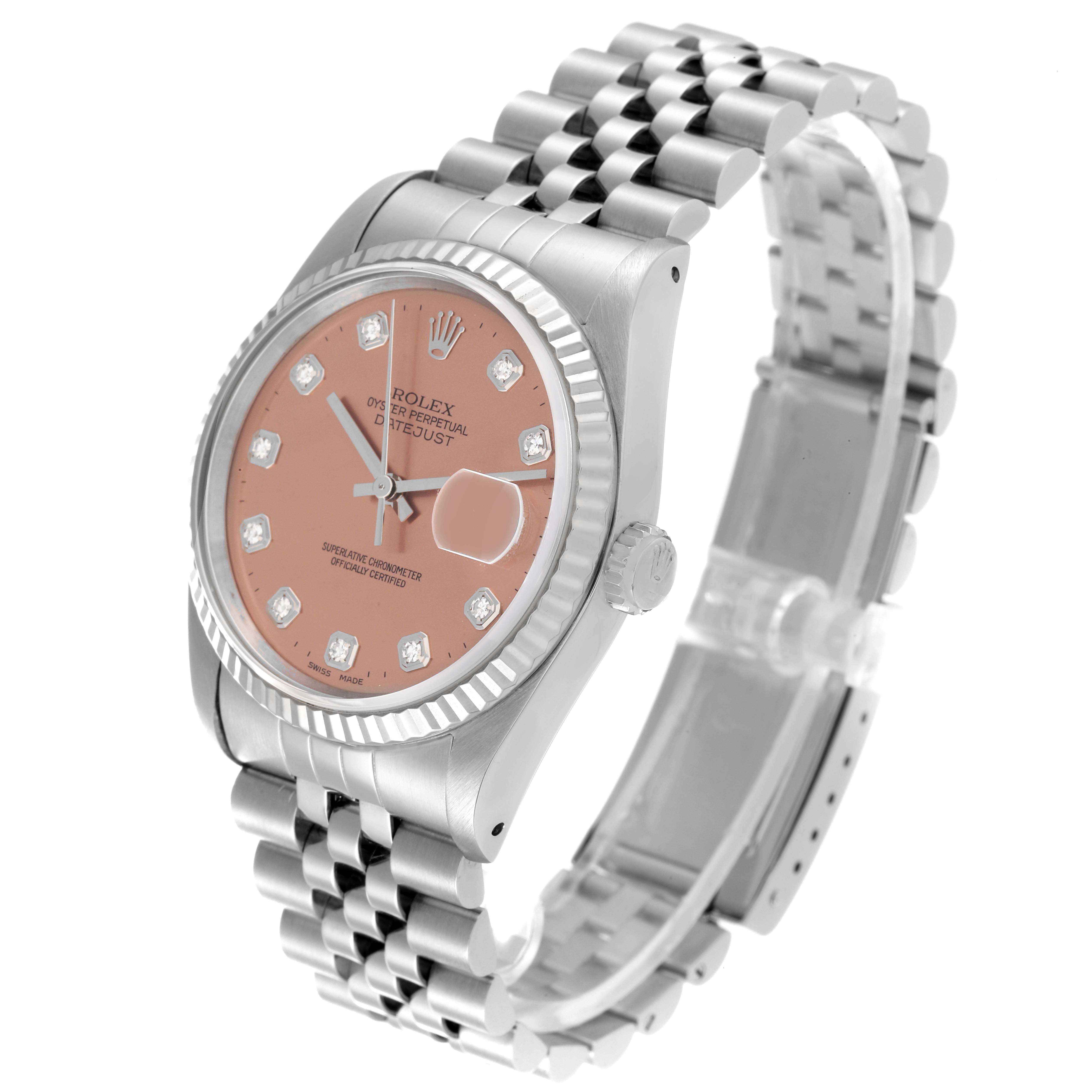 The Rolex Datejust 16234 Men's Stainless Steel Pink Dial 16234 Men's Stainless Steel Pink Dial watch is shown from a three-quarter angle, highlighting its face, bezel, case, crown, and bracelet.