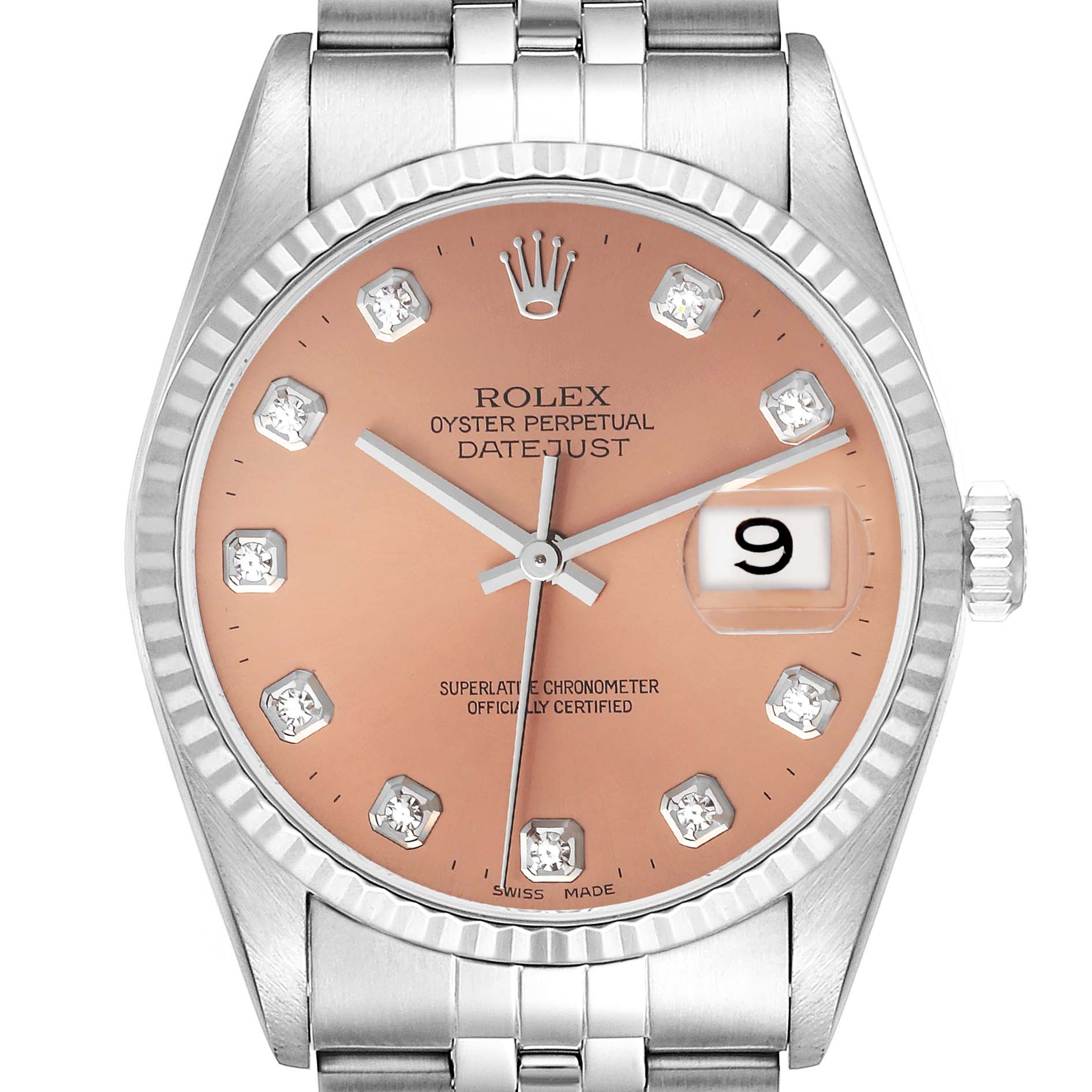 The image shows a frontal view of a Rolex Datejust 16234 Men's Stainless Steel Pink Dial 16234 Men's Stainless Steel Pink Dial watch, highlighting its dial, bezel, and part of the bracelet.