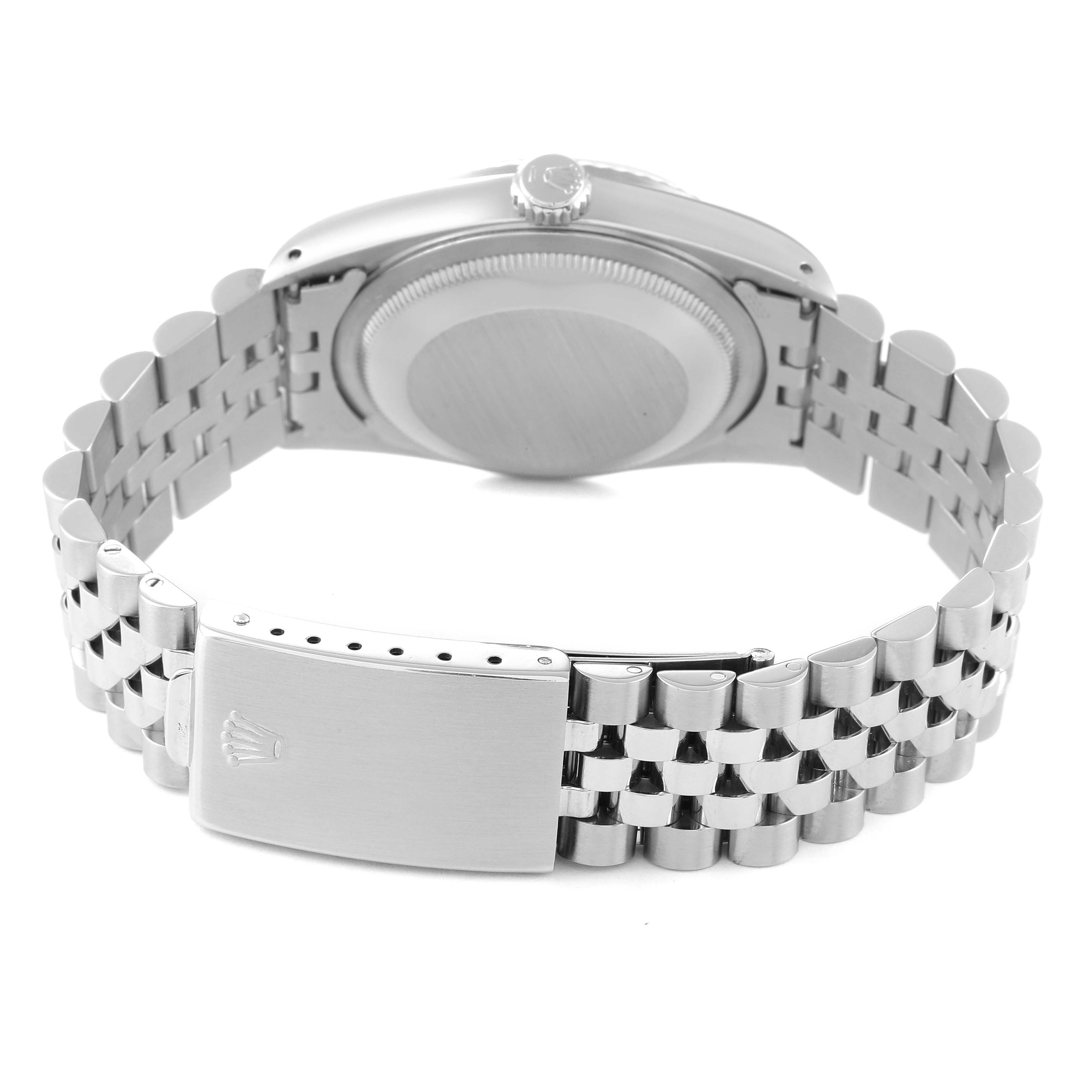 The image shows the back angle of the Rolex Datejust 16234 Men's Stainless Steel Pink Dial 16234 Men's Stainless Steel Pink Dial watch, displaying its case back and jubilee bracelet with clasp.