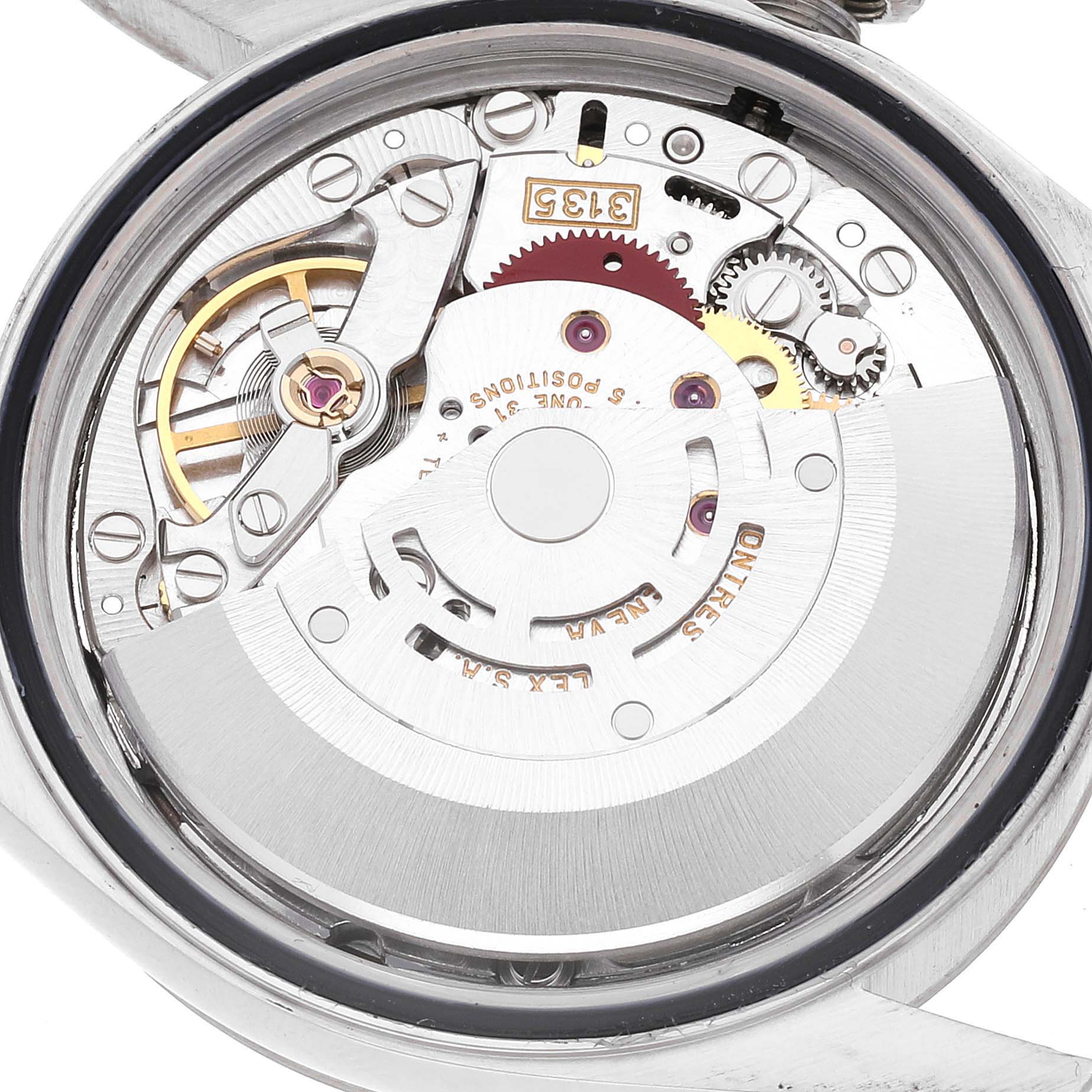 The image shows the internal mechanical movement of a Rolex Datejust 16234 Men's Stainless Steel Pink Dial 16234 Men's Stainless Steel Pink Dial watch from a rear angle with the case back removed.