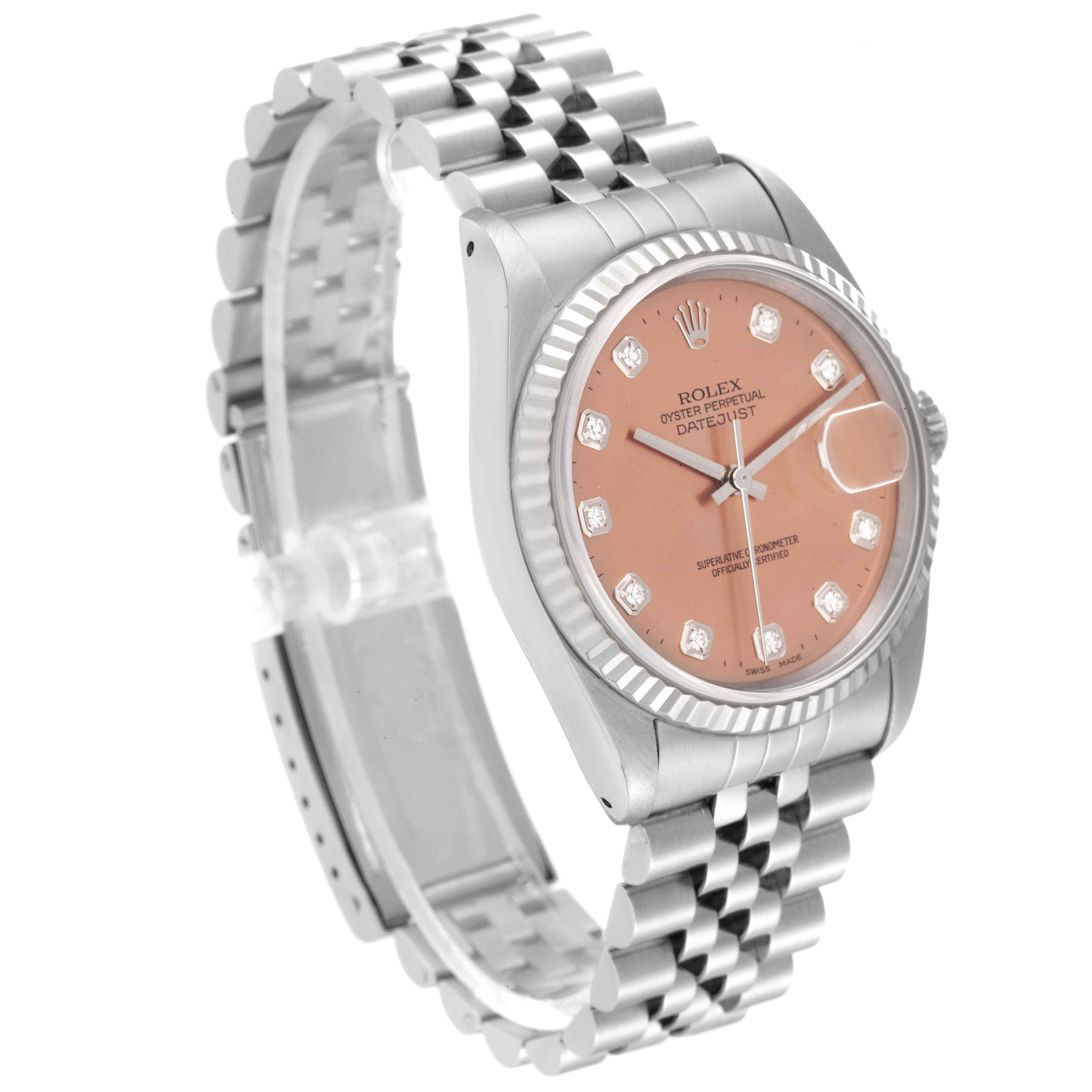This image shows a Rolex Datejust 16234 Men's Stainless Steel Pink Dial 16234 Men's Stainless Steel Pink Dial watch angled to display the face, bracelet, and part of the crown.
