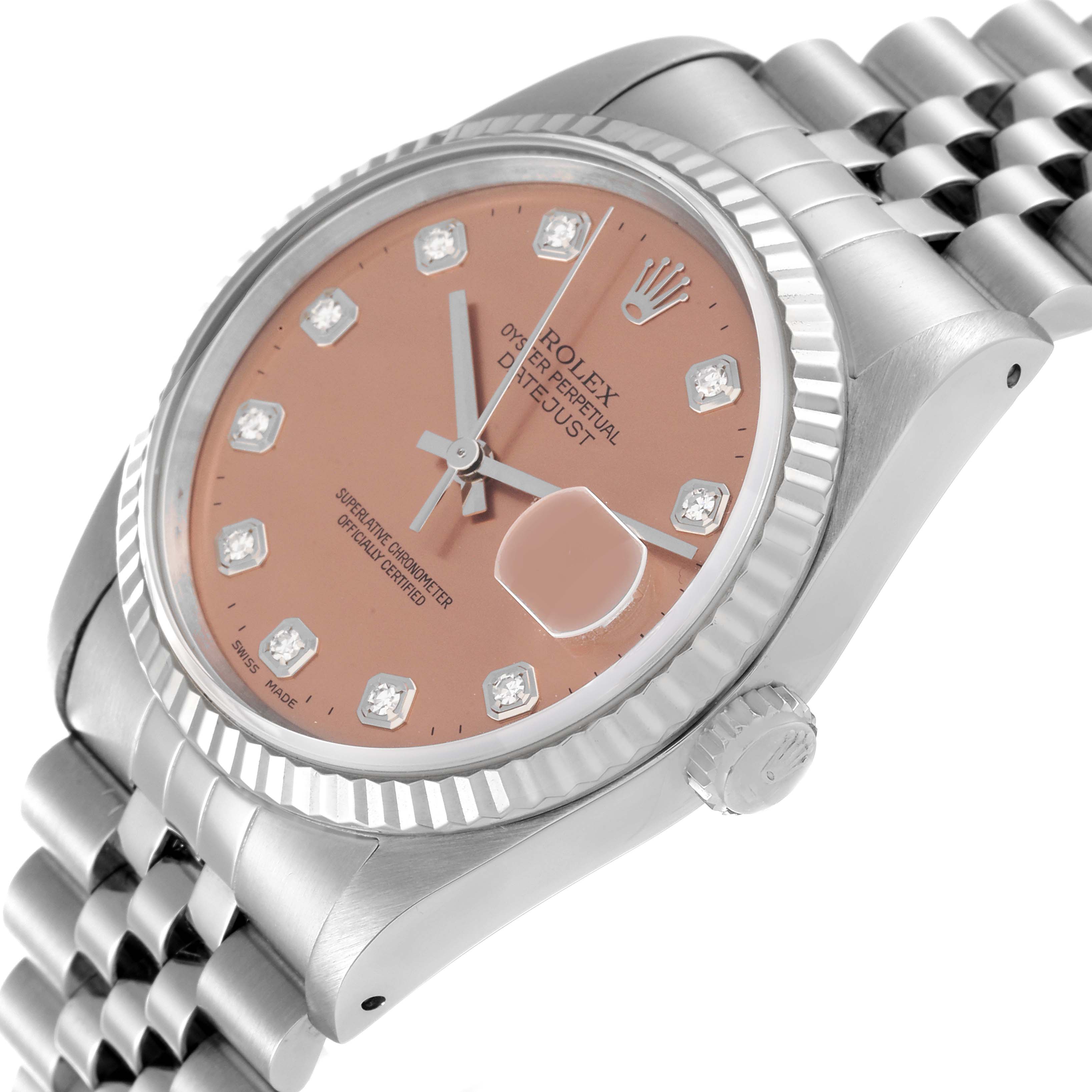 The image displays a close-up angled view of a Rolex Datejust 16234 Men's Stainless Steel Pink Dial 16234 Men's Stainless Steel Pink Dial, showing the dial, crown, and part of the bracelet.