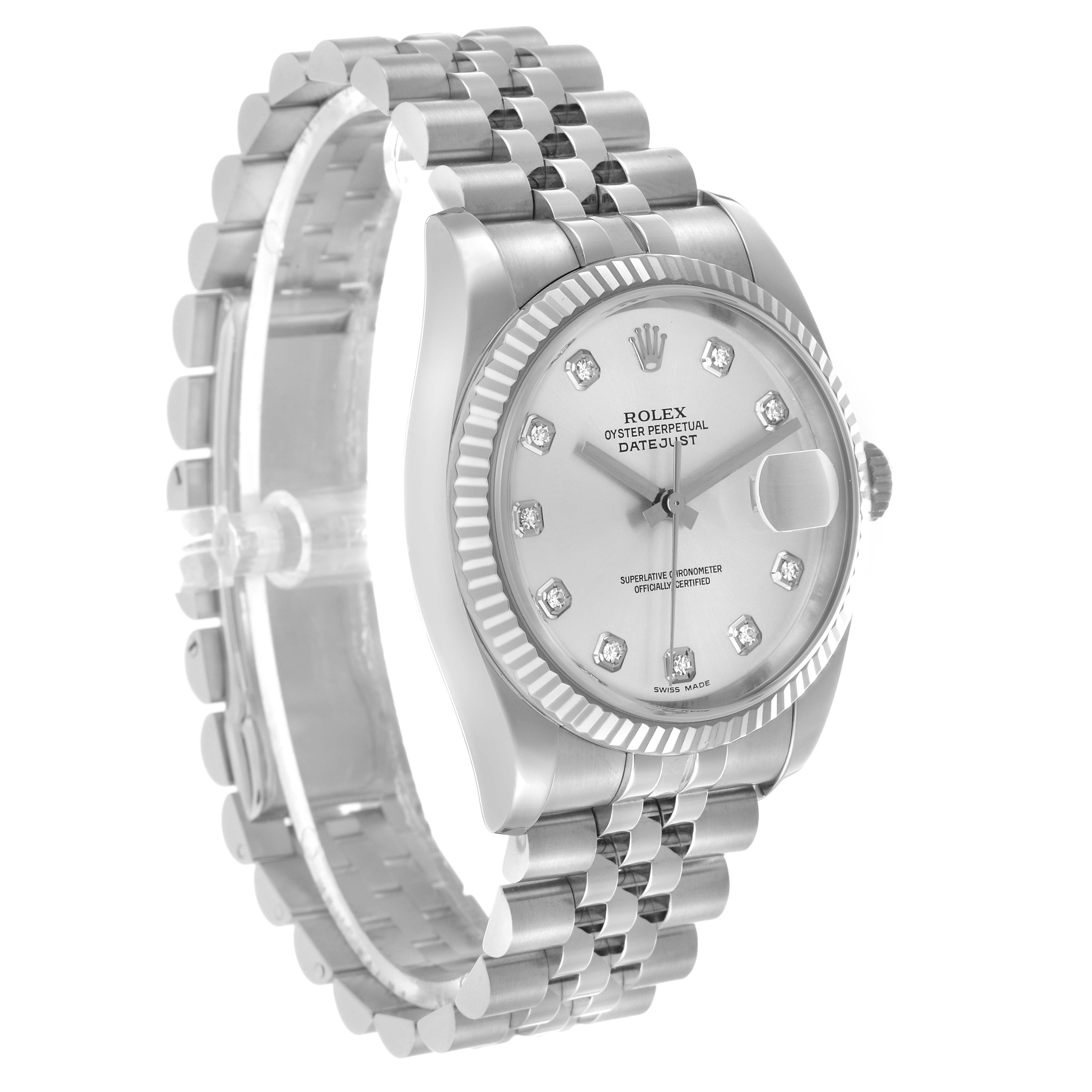 The Rolex Datejust 116234 Men's Stainless Steel Silver Dial watch is shown at an oblique angle, displaying the face, bezel, crown, and bracelet.