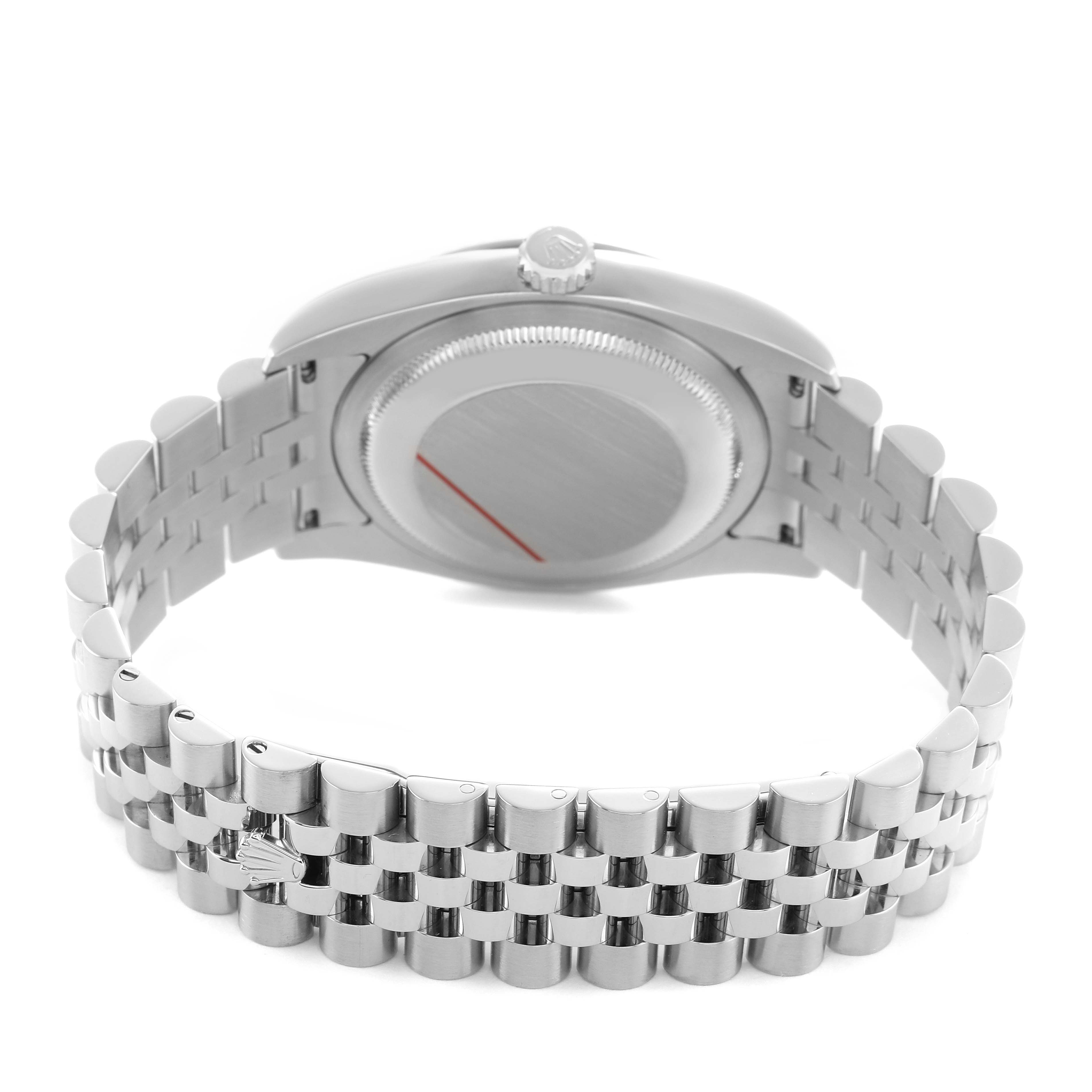 The image shows the back and bracelet of a Rolex Datejust 116234 Men's Stainless Steel Silver Dial watch, highlighting the clasp and case back.