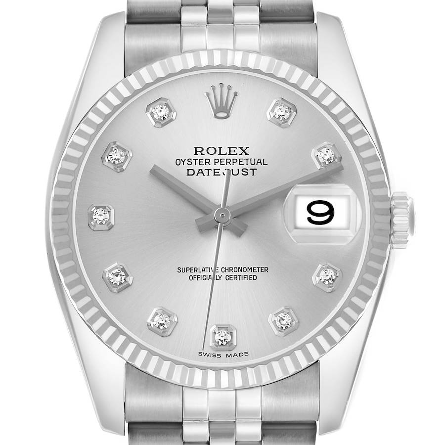 The Rolex Datejust 116234 Men's Stainless Steel Silver Dial watch is shown from the front, displaying the dial, hands, date window, and part of the bracelet.