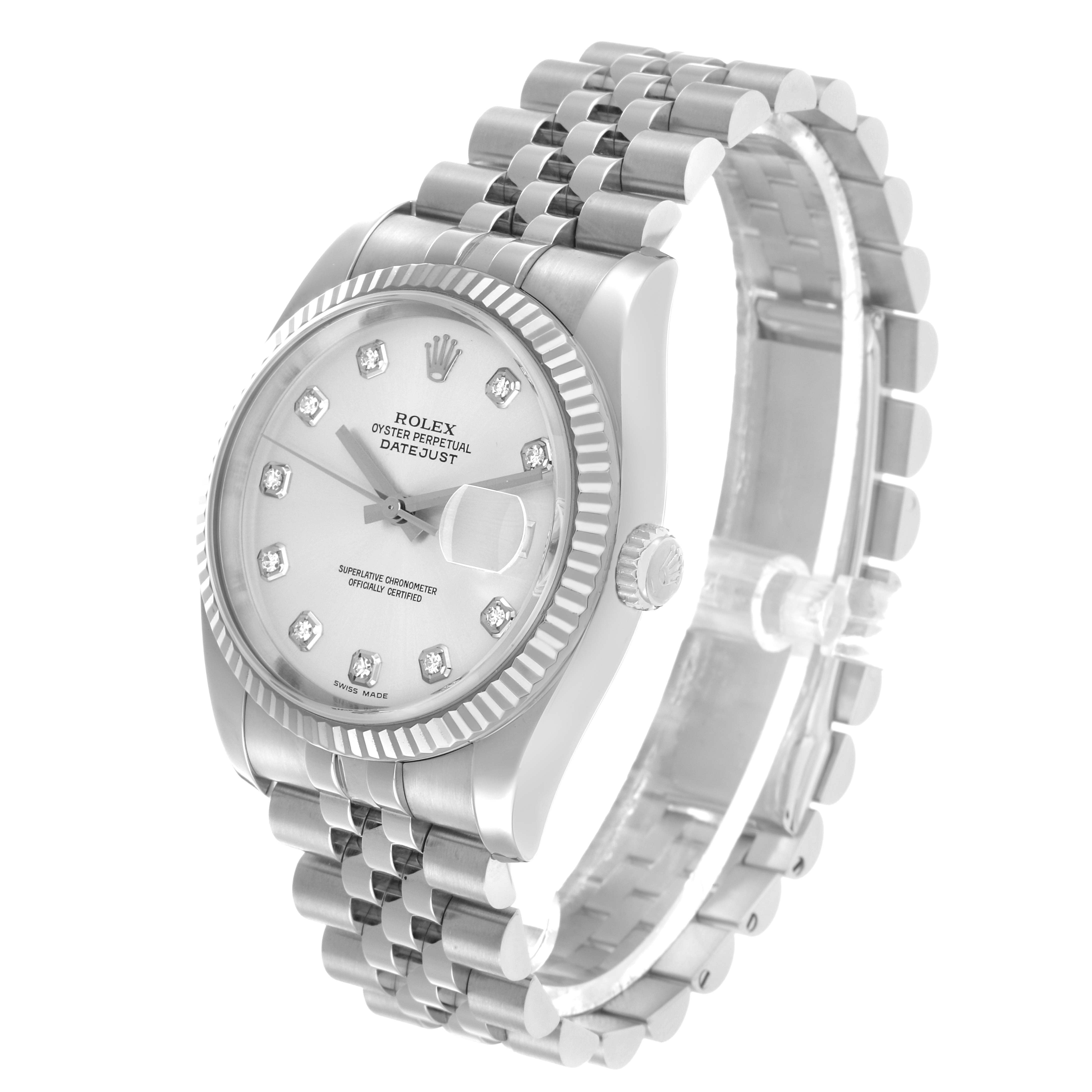 The Rolex Datejust 116234 Men's Stainless Steel Silver Dial watch is shown at a three-quarter angle, displaying the face, bezel, crown, and bracelet.