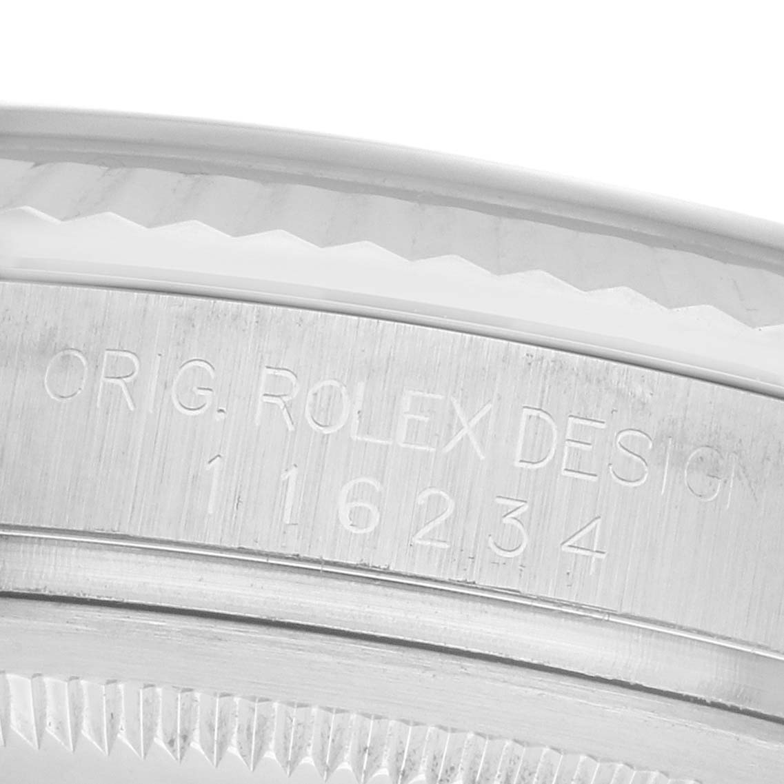 The image shows a close-up of the case side of a Rolex Datejust 116234 Men's Stainless Steel Silver Dial, featuring "ORG. ROLEX DESIGN" and model number engraving.