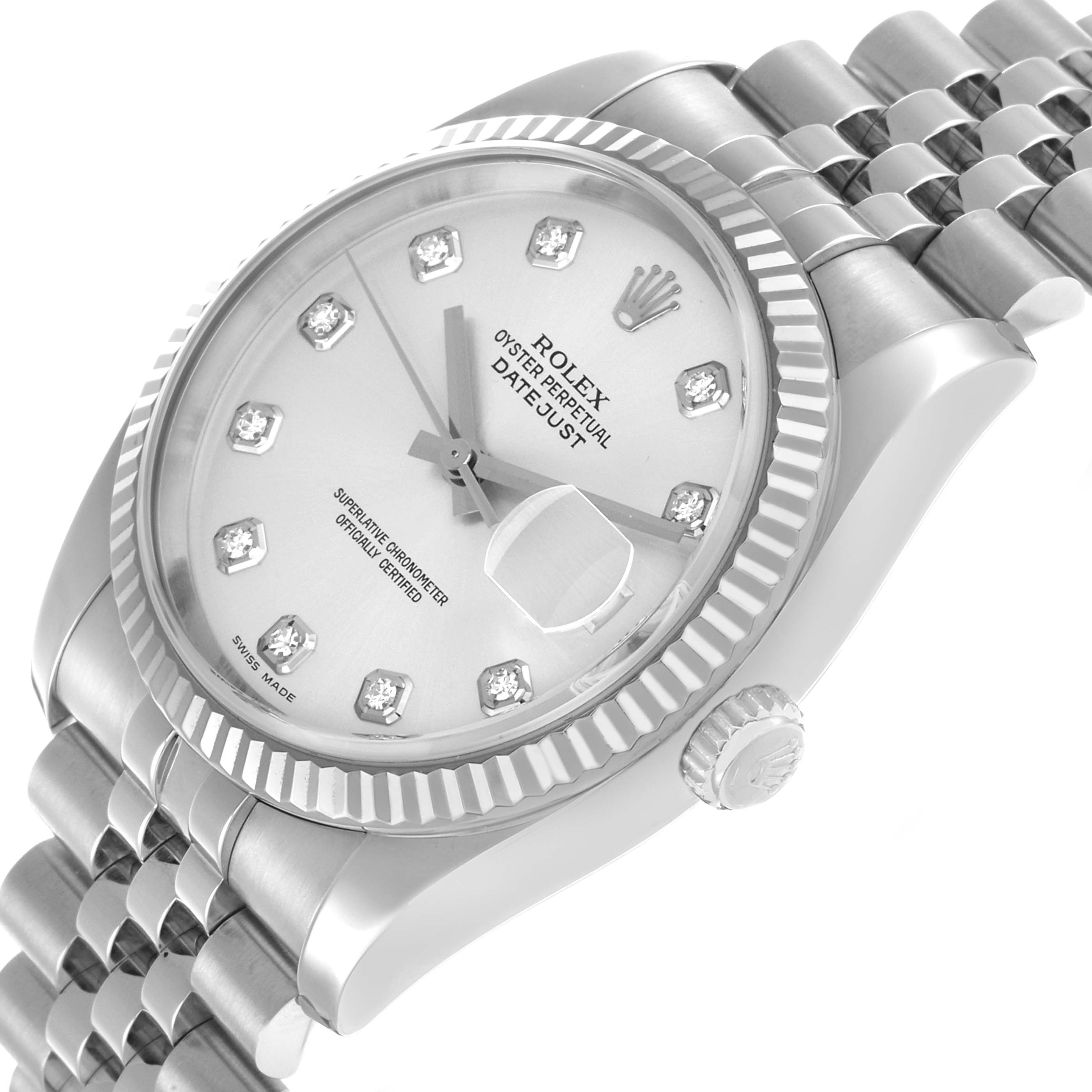 The Rolex Datejust 116234 Men's Stainless Steel Silver Dial watch is shown at an angled view, featuring the dial, case, bezel, crown, and part of the bracelet.