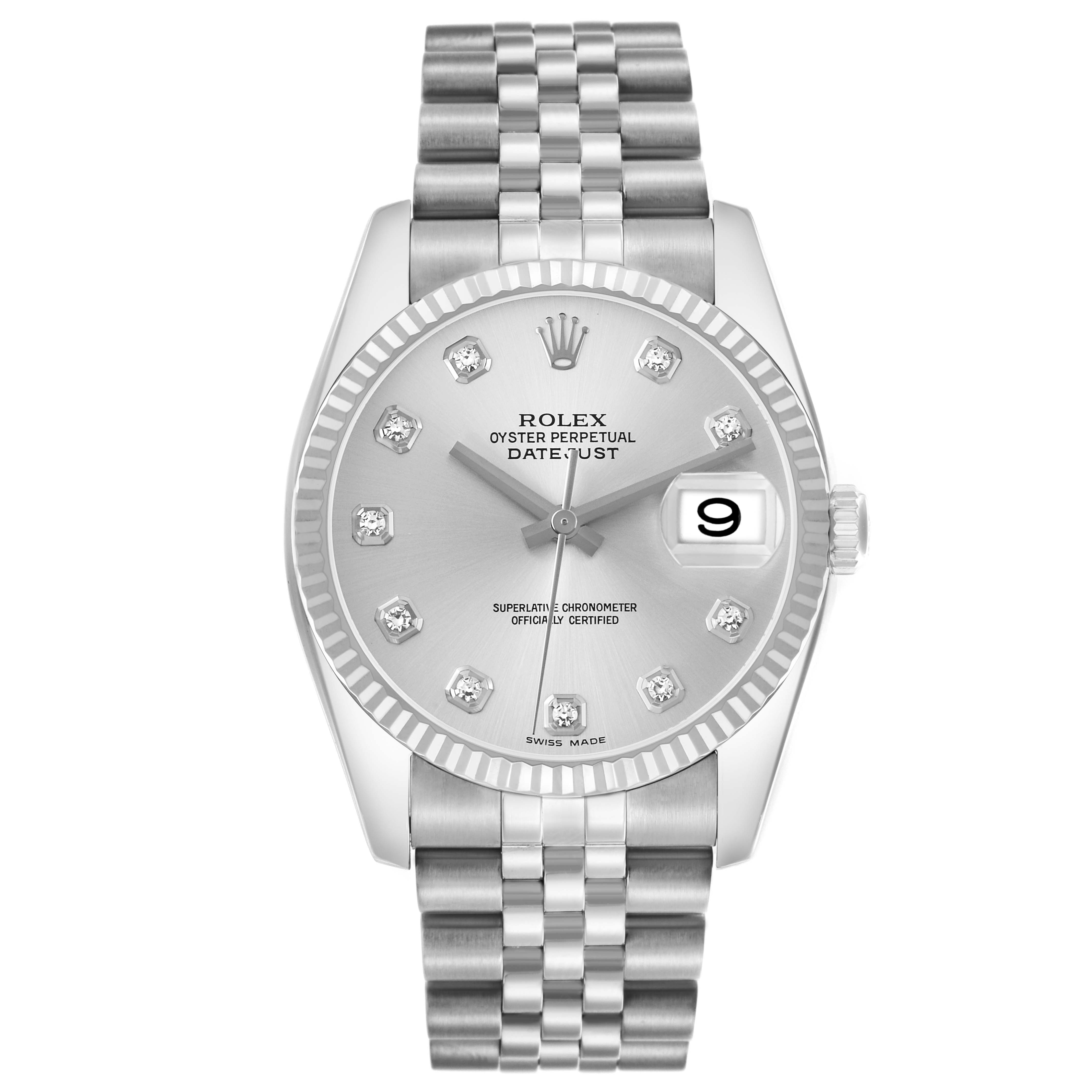 The Rolex Datejust 116234 Men's Stainless Steel Silver Dial watch is shown from a front angle, featuring the dial, bezel, hands, and bracelet.