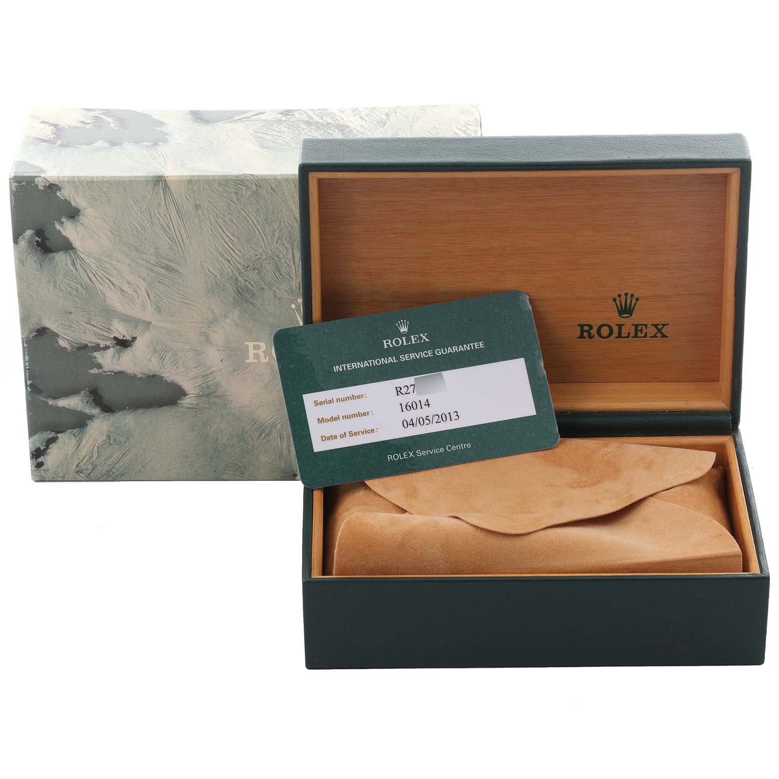 The image shows a Rolex Datejust 16014 Men
s Stainless Steel Silver Dial 16014 Men
s Stainless Steel Silver Dial box with a service guarantee card and suede pouch.