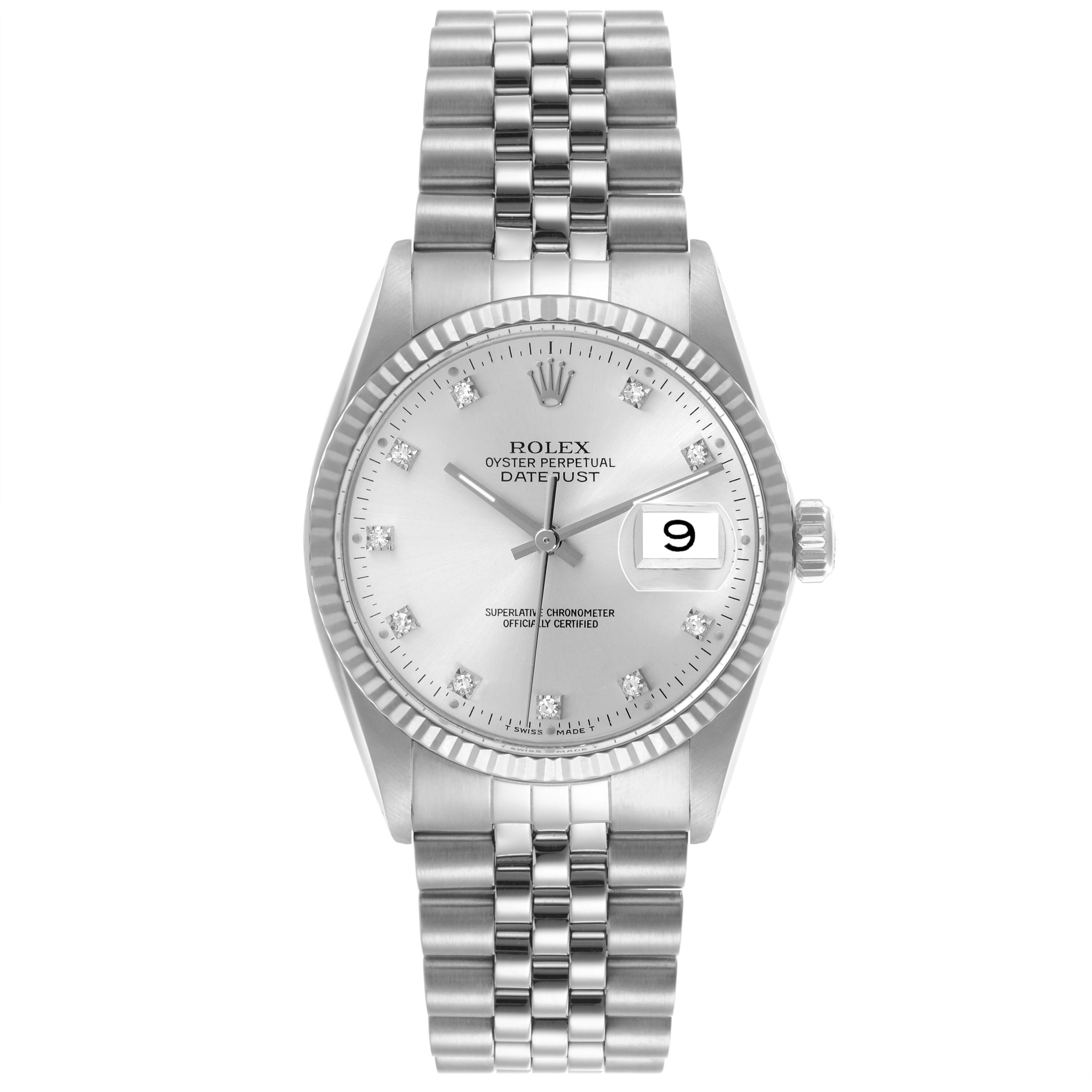 The Rolex Datejust 16014 Men
s Stainless Steel Silver Dial 16014 Men
s Stainless Steel Silver Dial watch is shown from a top-down angle, displaying the dial, case, and bracelet.