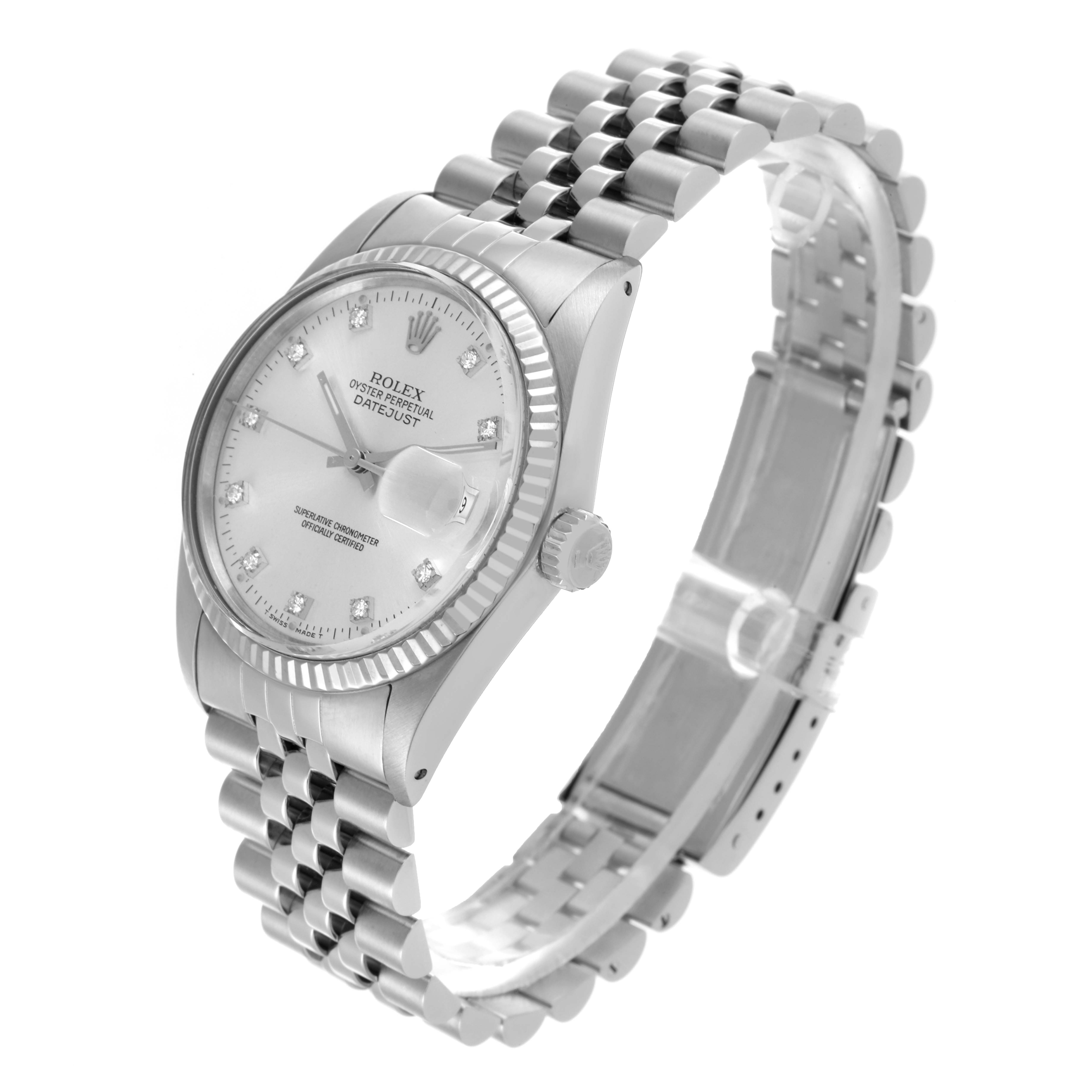 The Rolex Datejust 16014 Men
s Stainless Steel Silver Dial 16014 Men
s Stainless Steel Silver Dial watch is shown from a front-side angle, highlighting the face, bezel, crown, and bracelet.