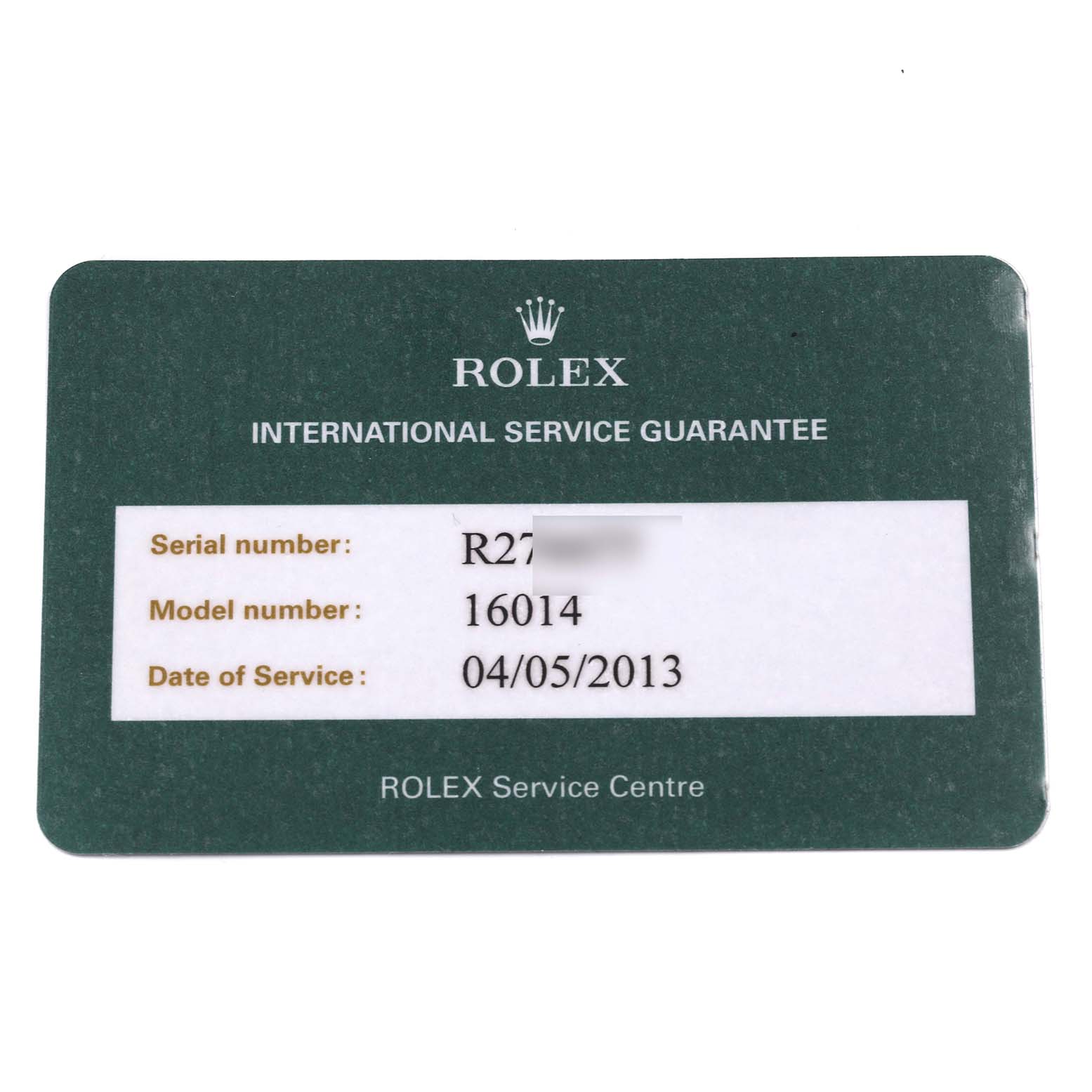 The image shows an International Service Guarantee card for a Rolex Datejust 16014 Men
s Stainless Steel Silver Dial 16014 Men
s Stainless Steel Silver Dial with serial and model numbers visible.