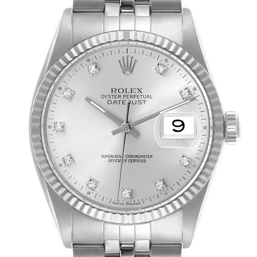 The Rolex Datejust watch is shown from the front, highlighting the face, bezel, and bracelet.