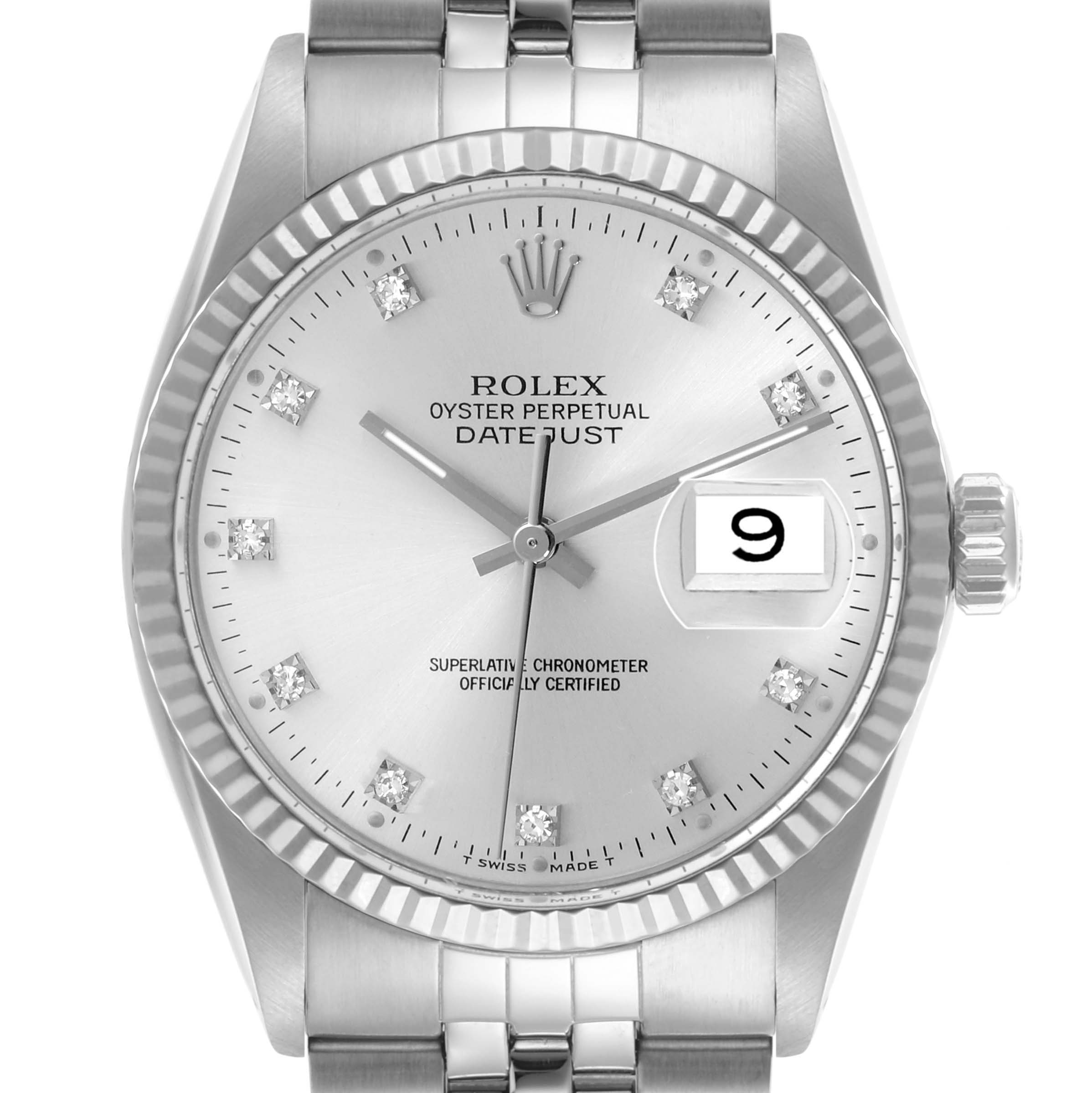 The image shows a front view of the Rolex Datejust 16014 Men
s Stainless Steel Silver Dial 16014 Men
s Stainless Steel Silver Dial watch, highlighting the dial, bezel, and part of the bracelet.