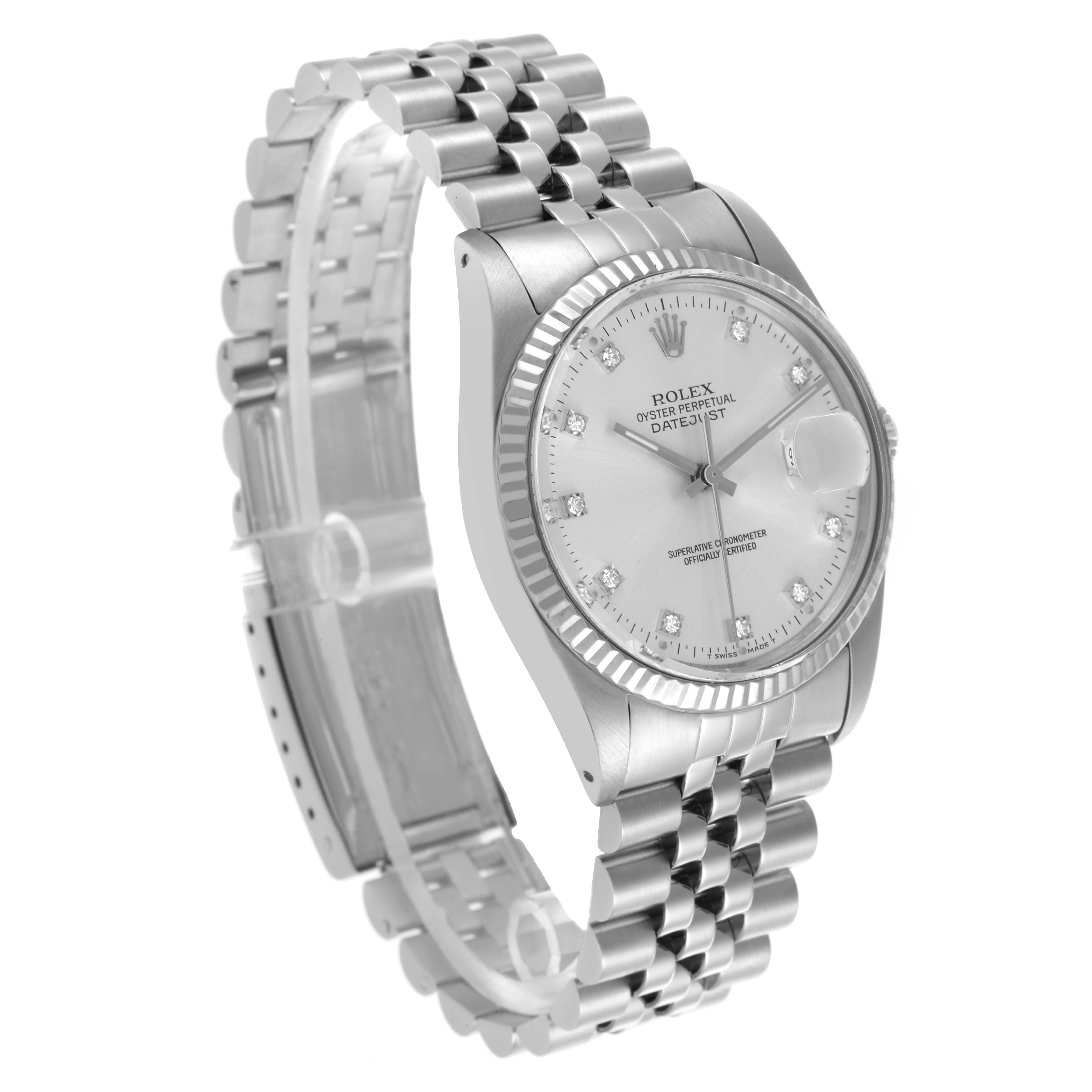 The Rolex Datejust 16014 Men
s Stainless Steel Silver Dial 16014 Men
s Stainless Steel Silver Dial watch is shown at a slight angle, highlighting the face, bezel, and bracelet.